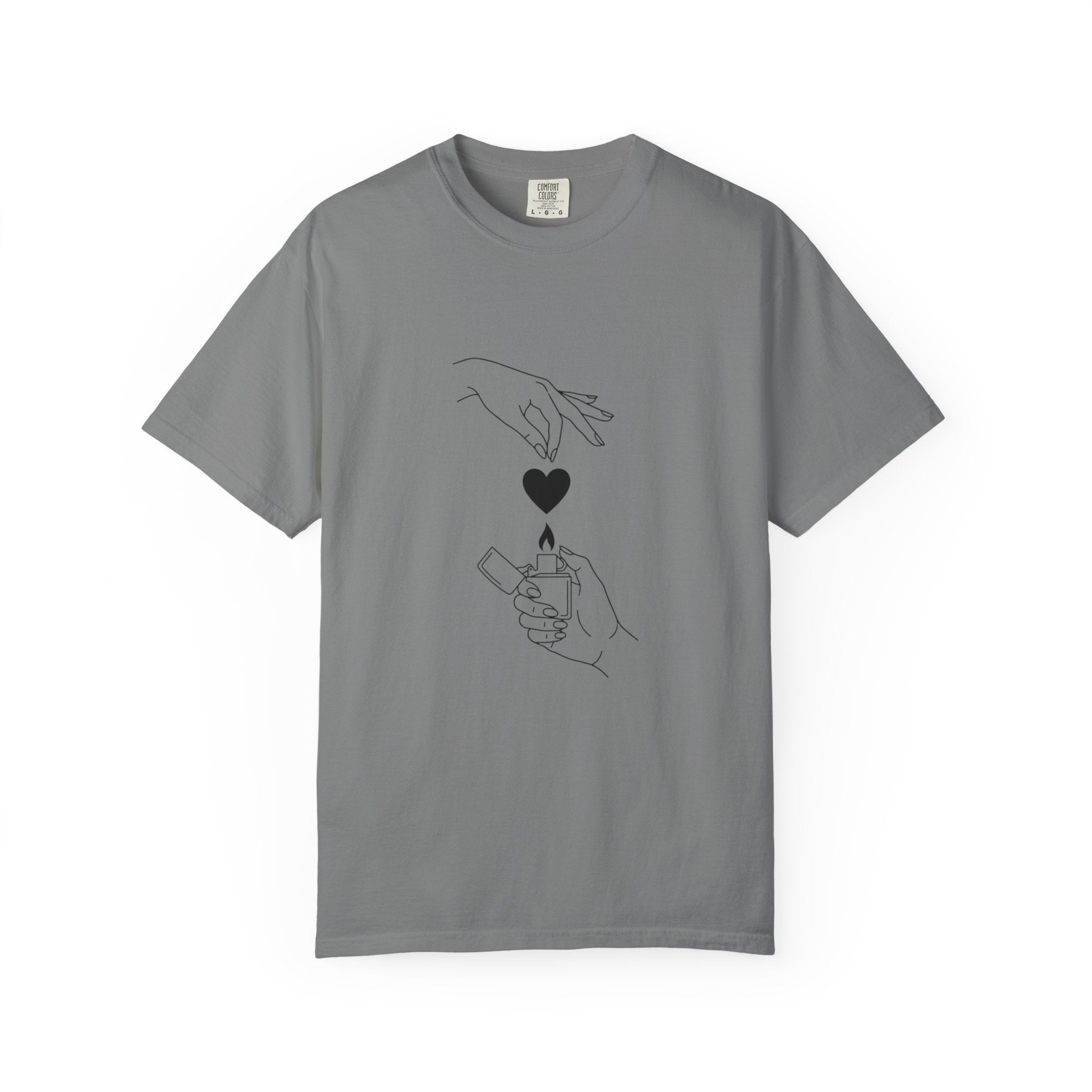 Heart Flame T-Shirt — Minimal Line Art Hands Lighting Heart Graphic