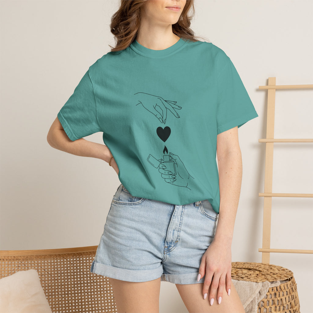 Heart Flame T-Shirt — Minimal Line Art Hands Lighting Heart Graphic