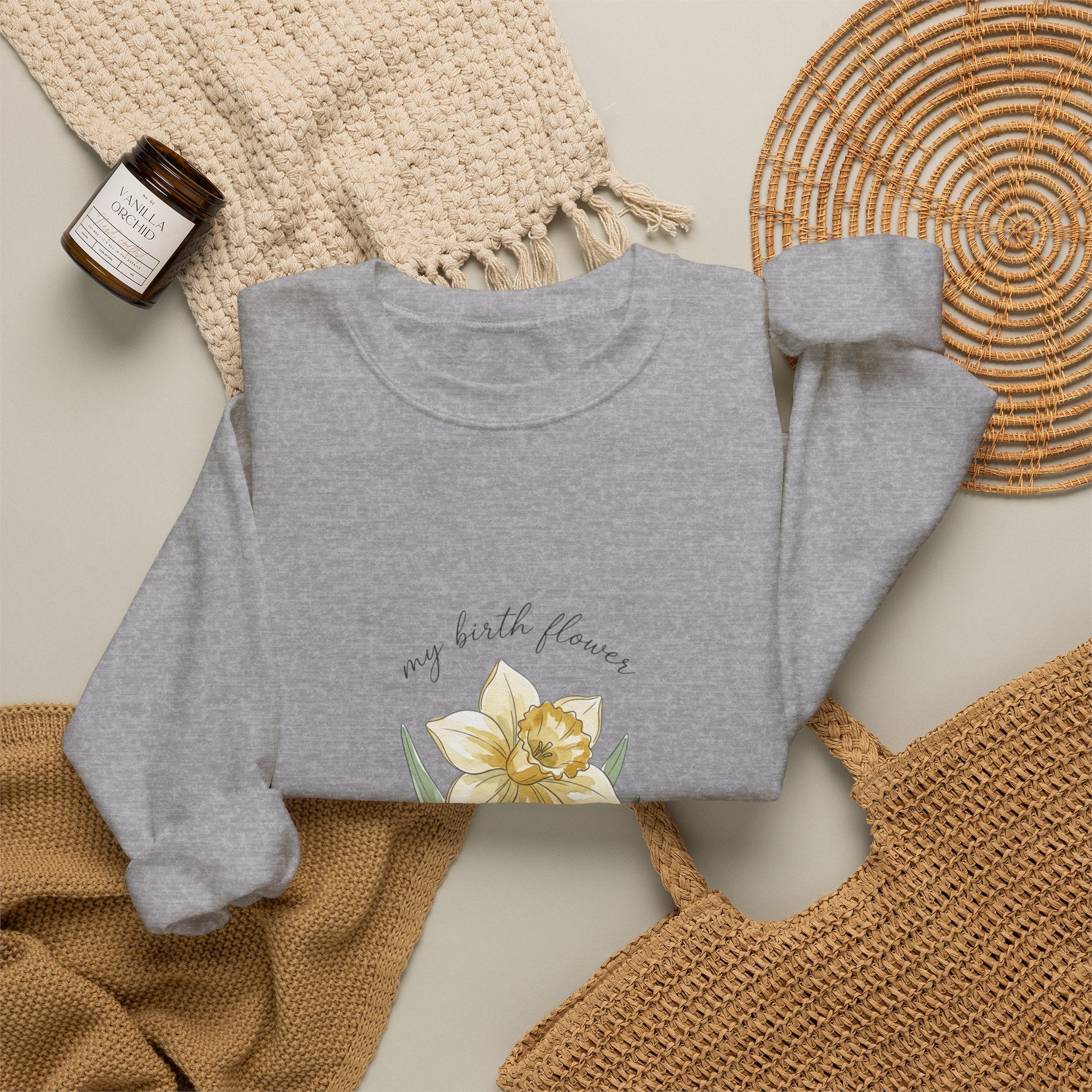 Daffodil Birth Month Flower Sweatshirt | Botanical Watercolor, Personalized Name