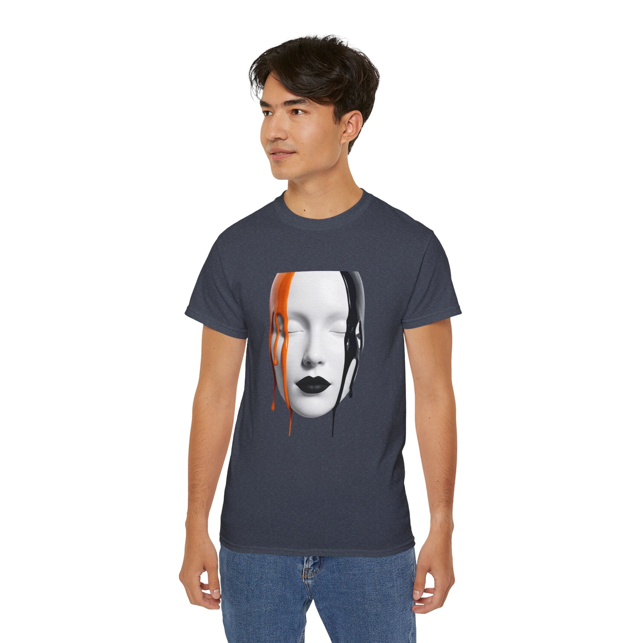 Mask Face Tee — Dripping Black & Orange Art T-Shirt