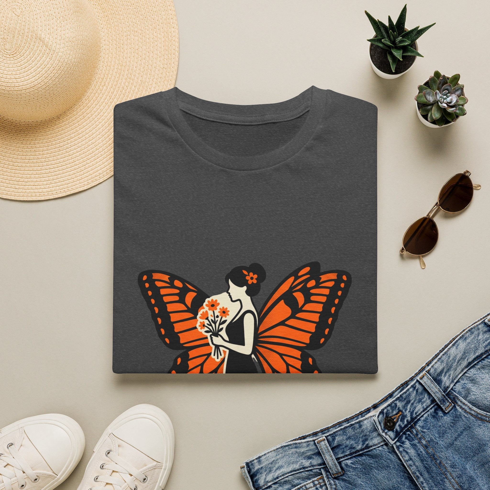Monarch Butterfly Bride T-Shirt — Floral Bride with Orange Wings