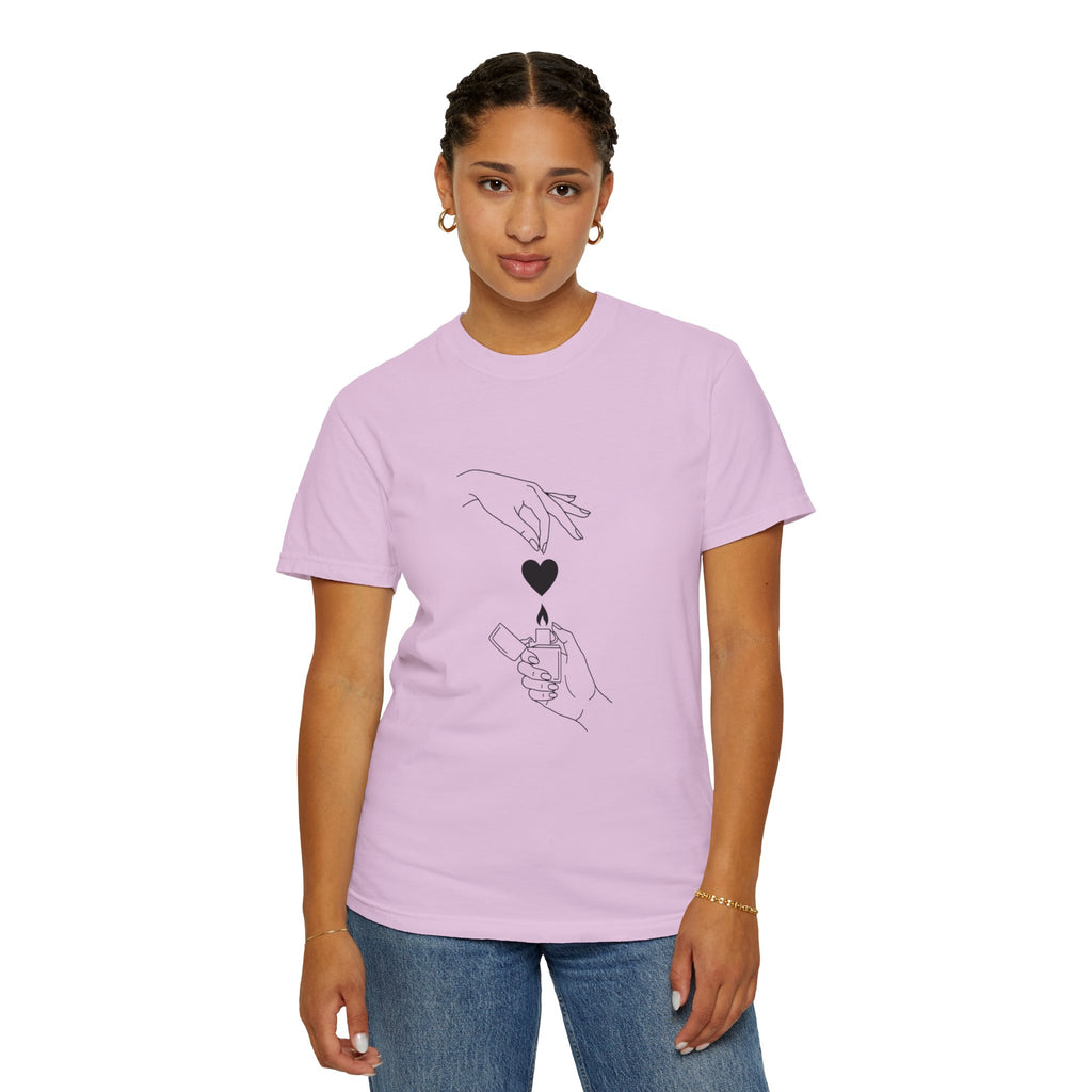 Heart Flame T-Shirt — Minimal Line Art Hands Lighting Heart Graphic