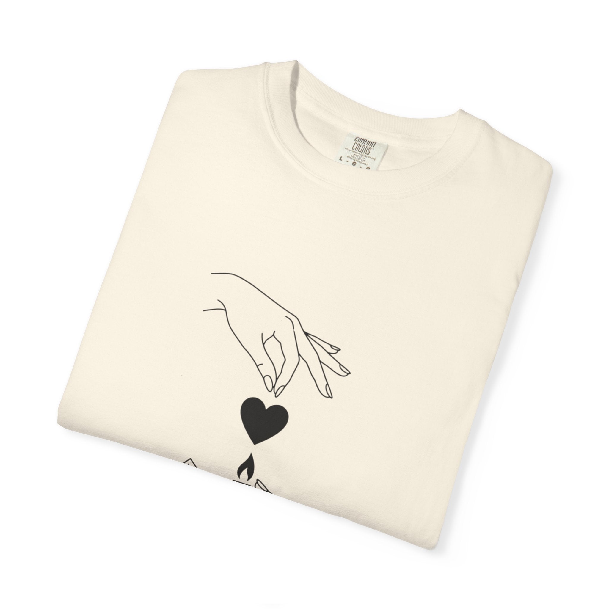 Heart Flame T-Shirt — Minimal Line Art Hands Lighting Heart Graphic