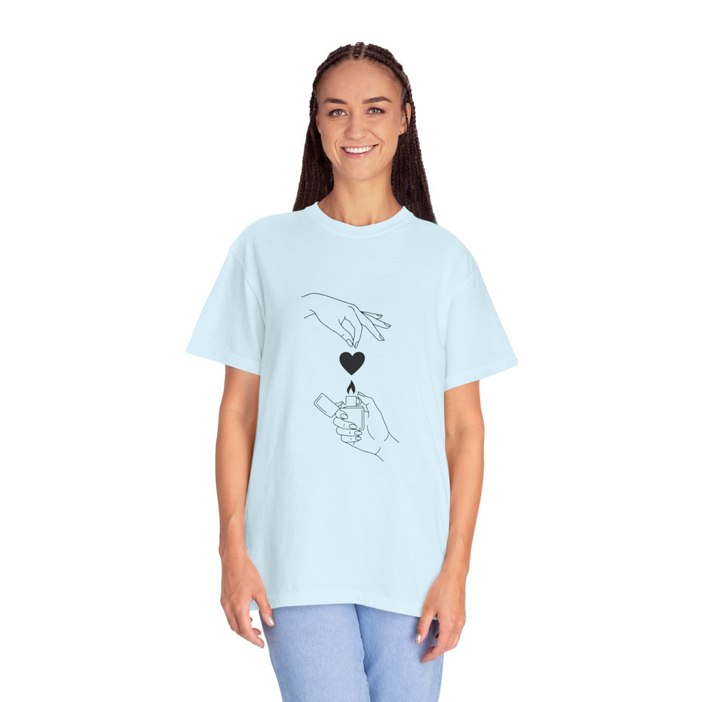 Heart Flame T-Shirt — Minimal Line Art Hands Lighting Heart Graphic