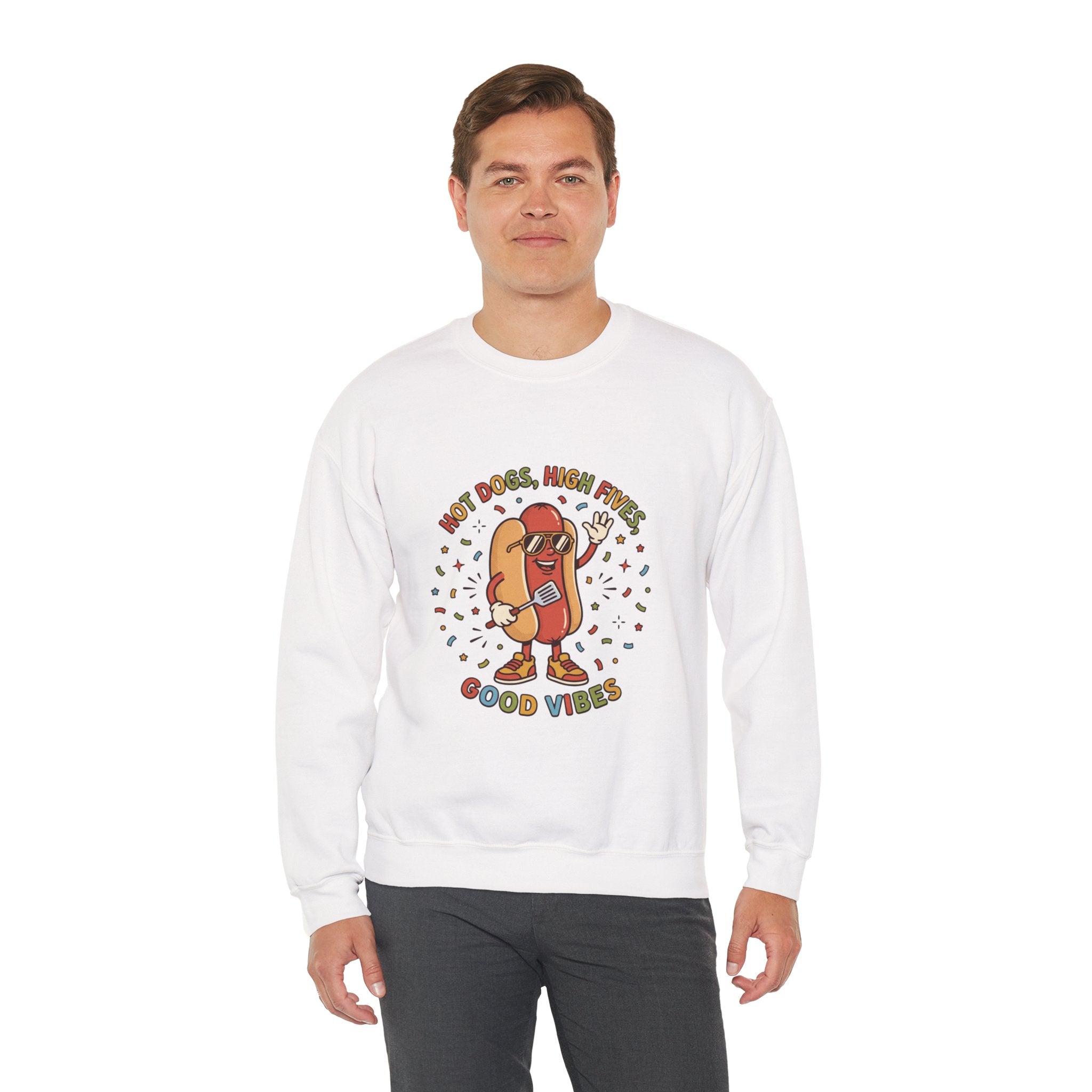 Hot Dog, High Five Crewneck Sweatshirt | BBQ Fourth of July, Retro Patriotic Hot Dog Jokes