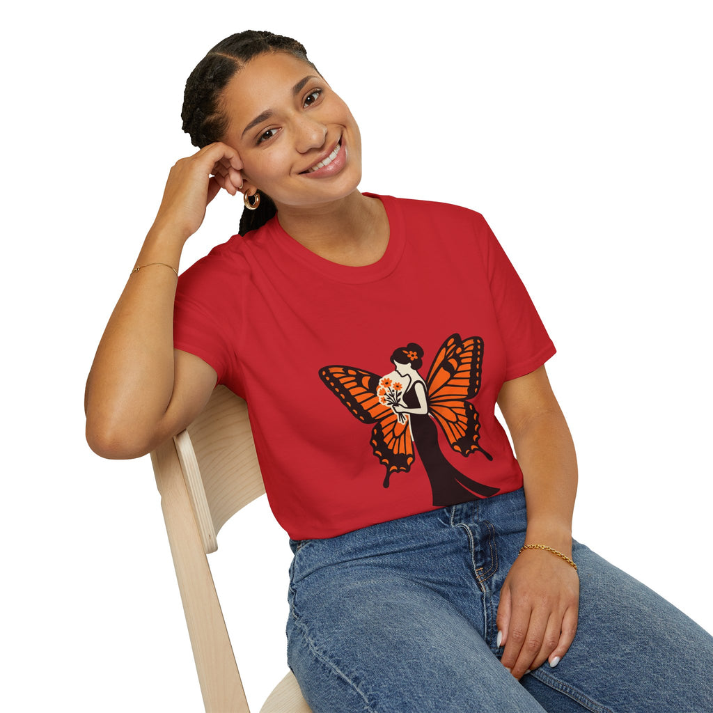 Monarch Butterfly Bride T-Shirt — Floral Bride with Orange Wings