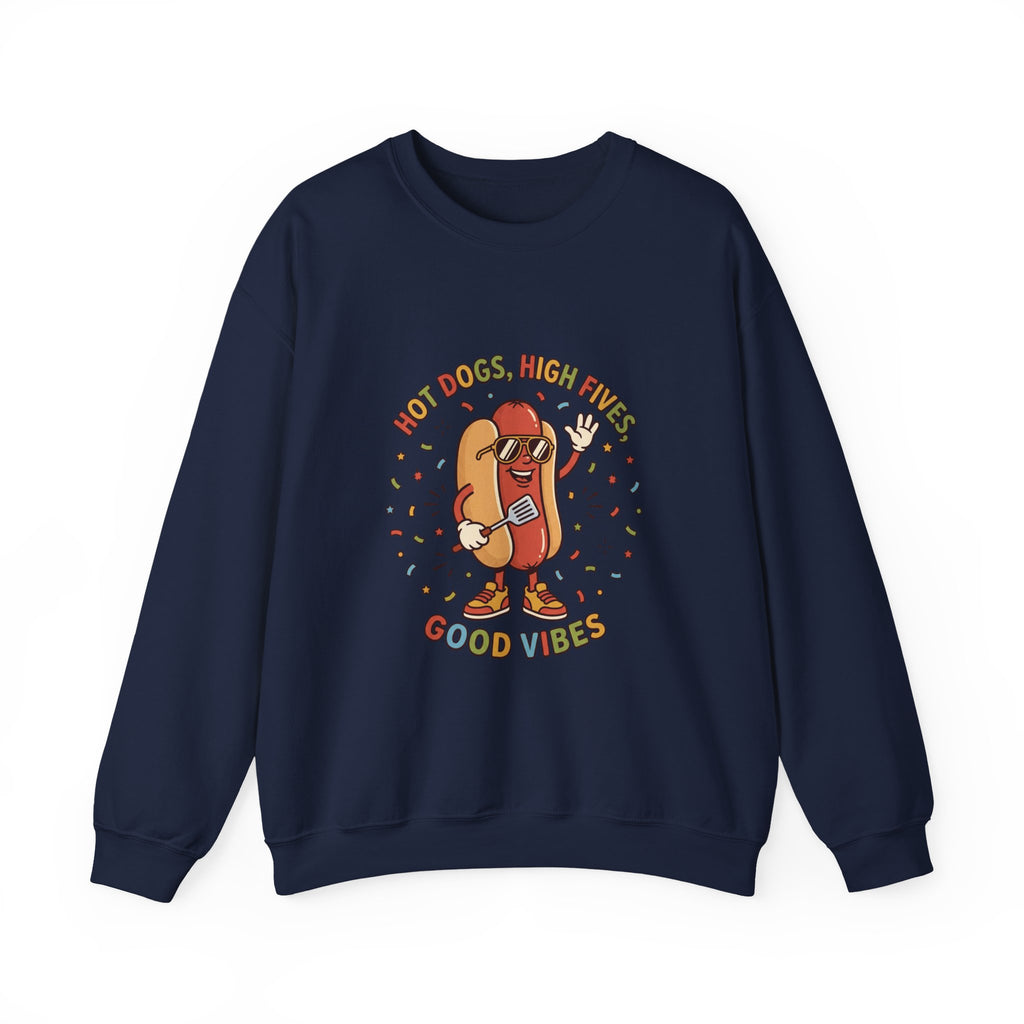 Hot Dog, High Five Crewneck Sweatshirt | BBQ Fourth of July, Retro Patriotic Hot Dog Jokes