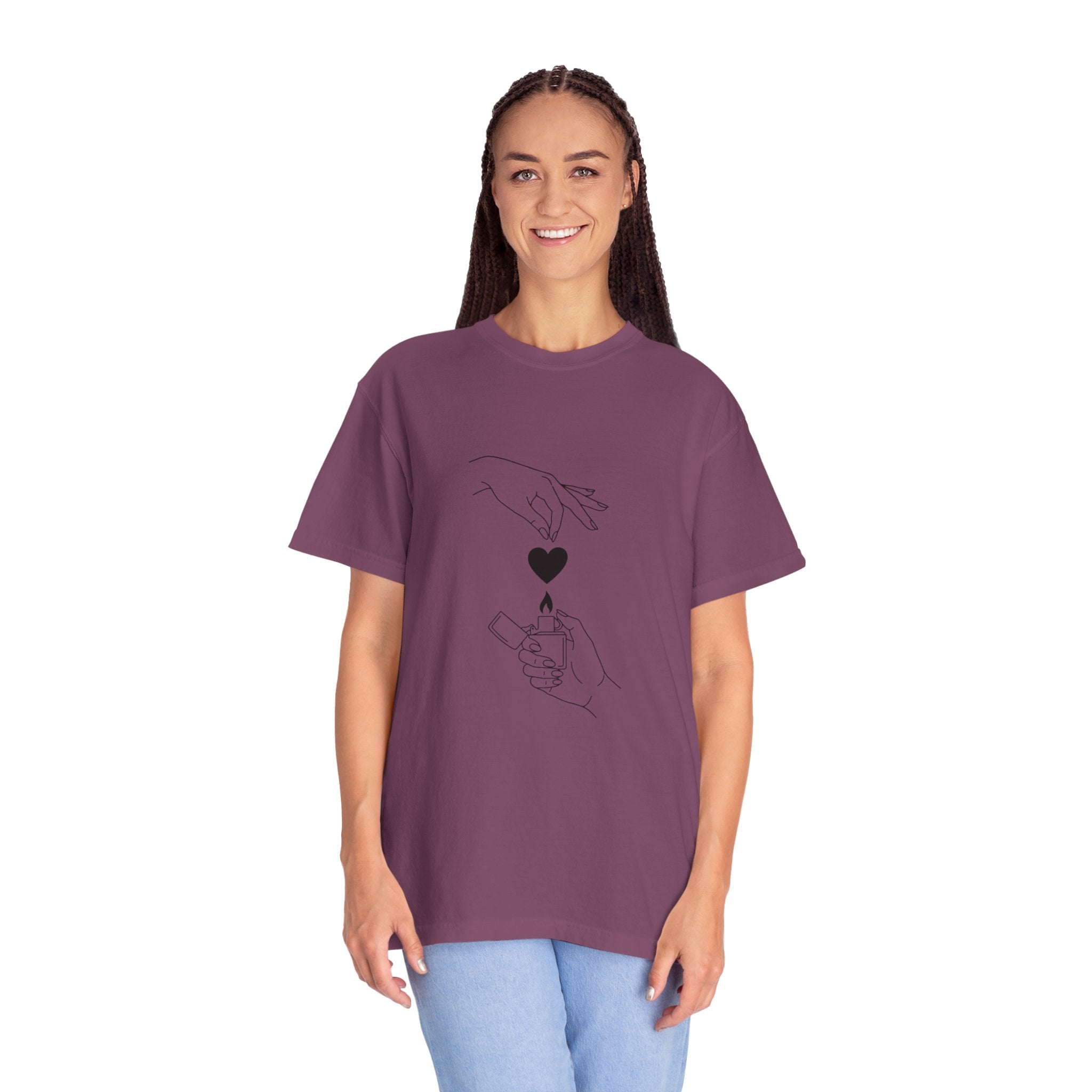 Heart Flame T-Shirt — Minimal Line Art Hands Lighting Heart Graphic