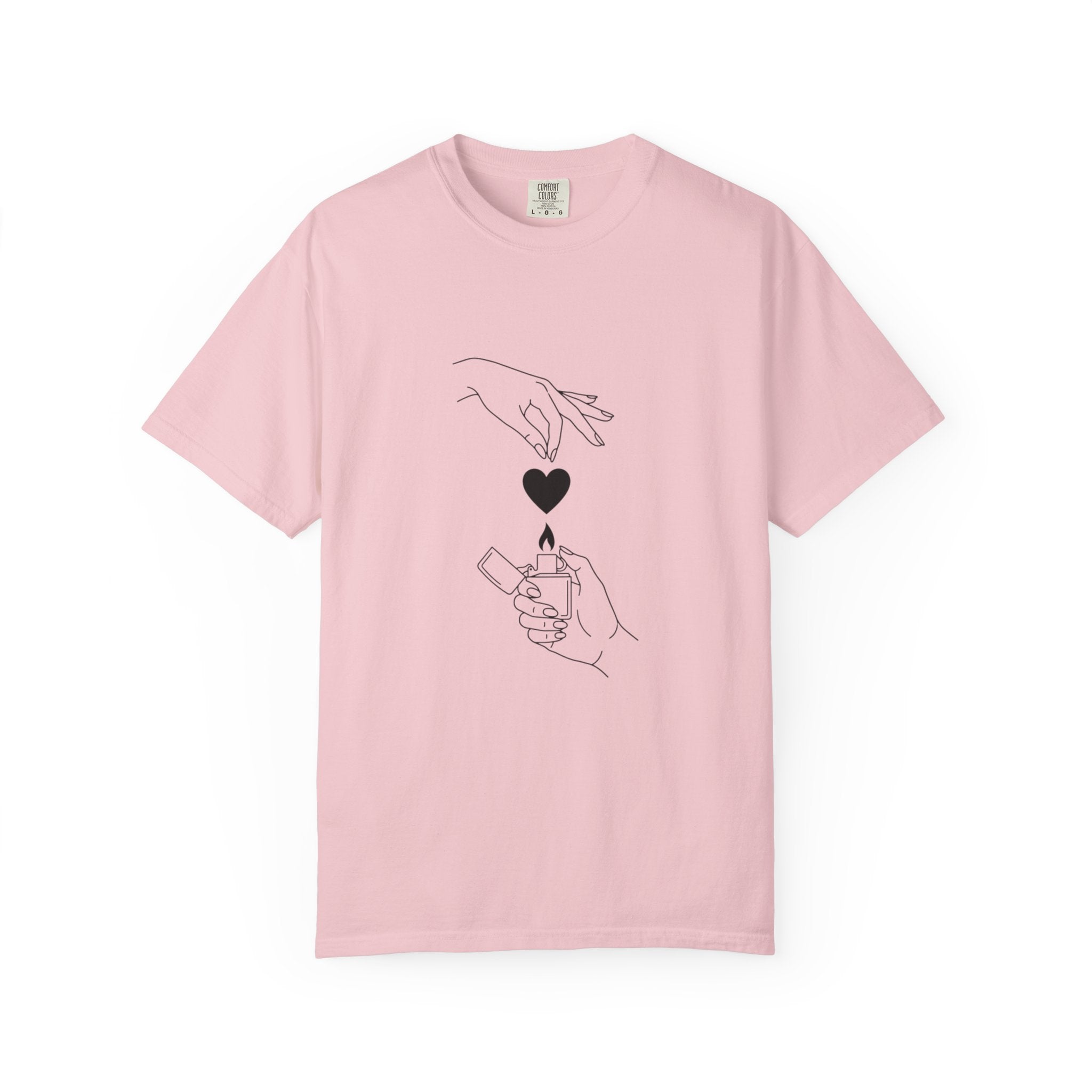 Heart Flame T-Shirt — Minimal Line Art Hands Lighting Heart Graphic