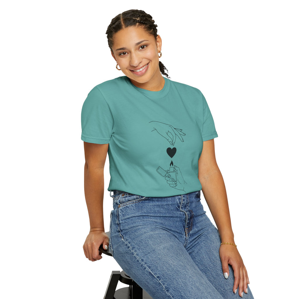 Heart Flame T-Shirt — Minimal Line Art Hands Lighting Heart Graphic