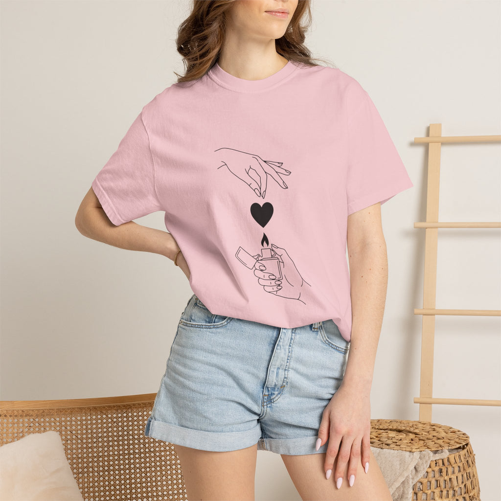 Heart Flame T-Shirt — Minimal Line Art Hands Lighting Heart Graphic