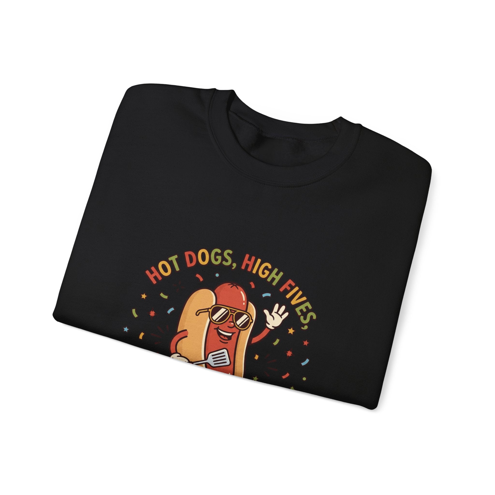 Hot Dog, High Five Crewneck Sweatshirt | BBQ Fourth of July, Retro Patriotic Hot Dog Jokes
