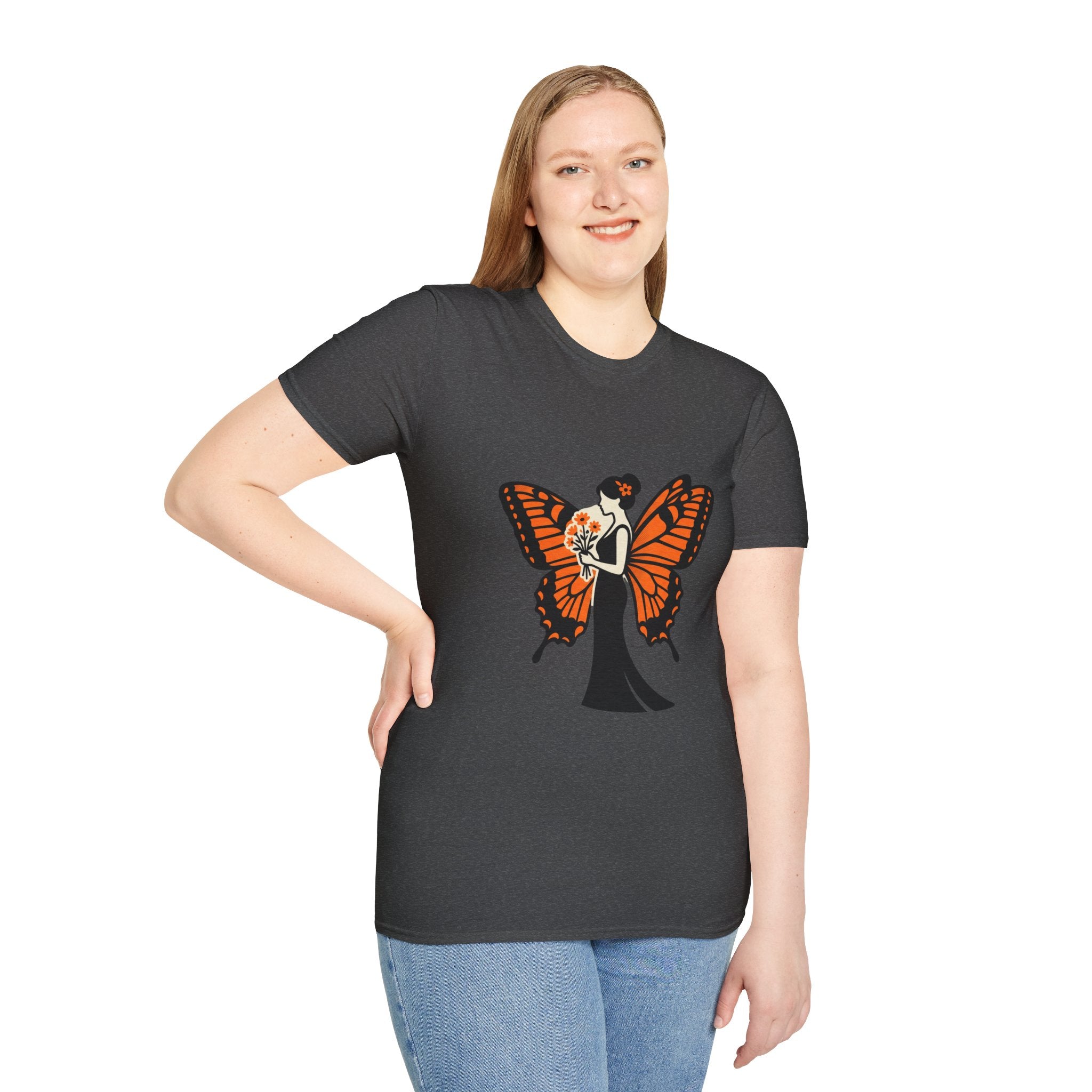 Monarch Butterfly Bride T-Shirt — Floral Bride with Orange Wings