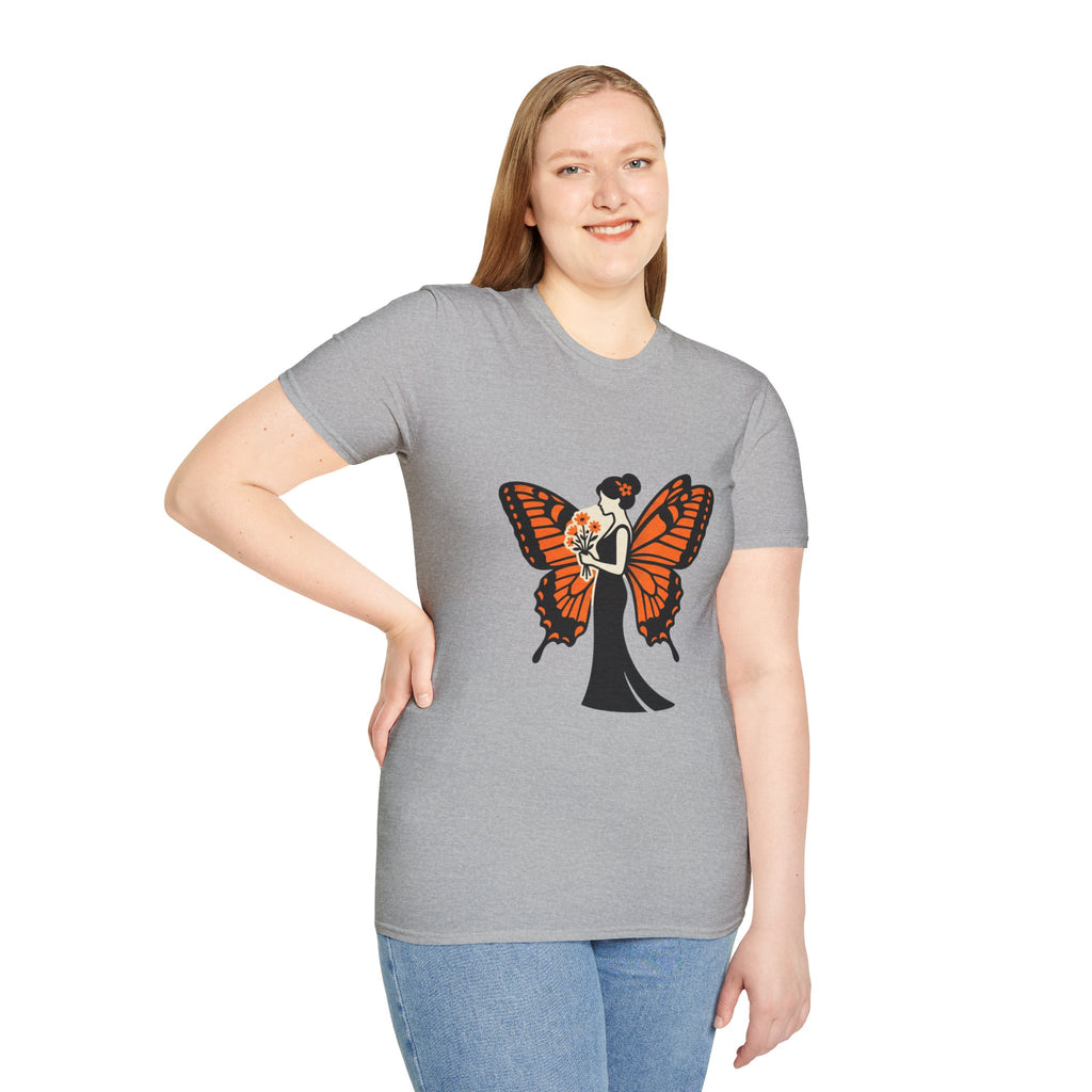 Monarch Butterfly Bride T-Shirt — Floral Bride with Orange Wings