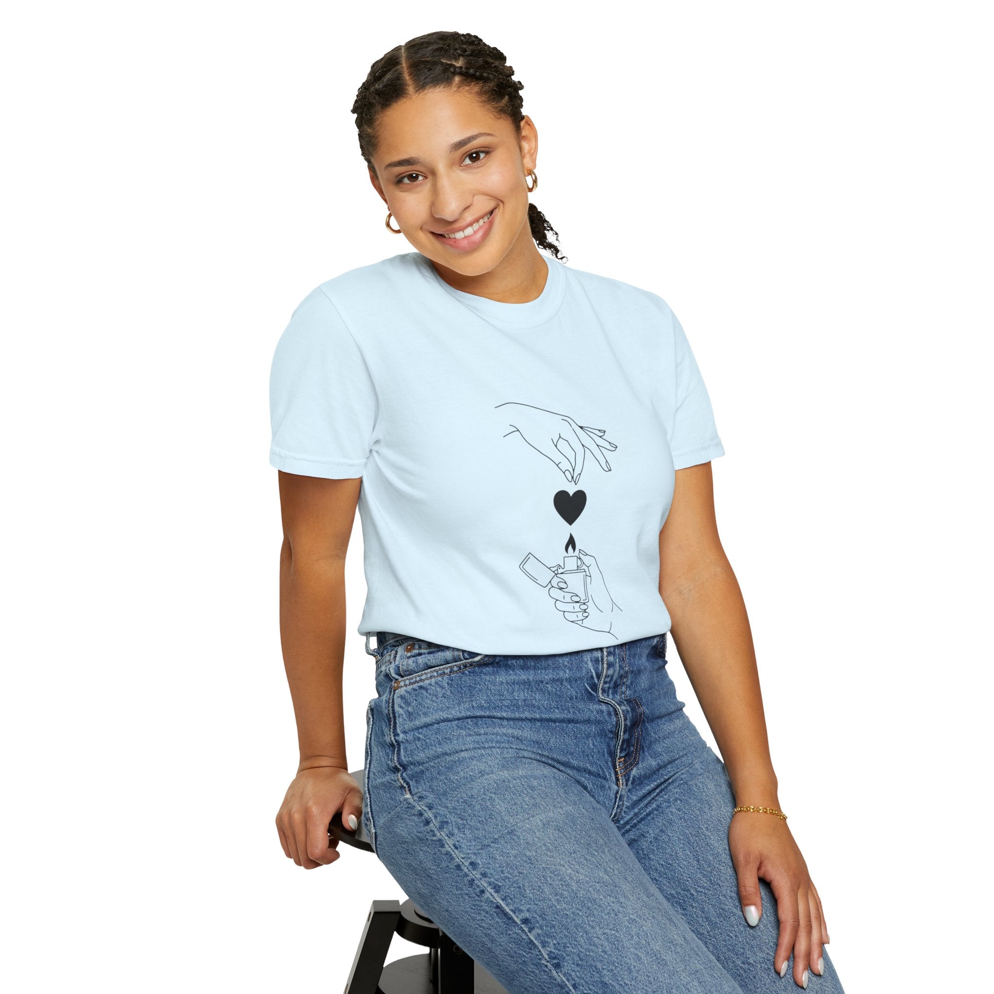 Heart Flame T-Shirt — Minimal Line Art Hands Lighting Heart Graphic