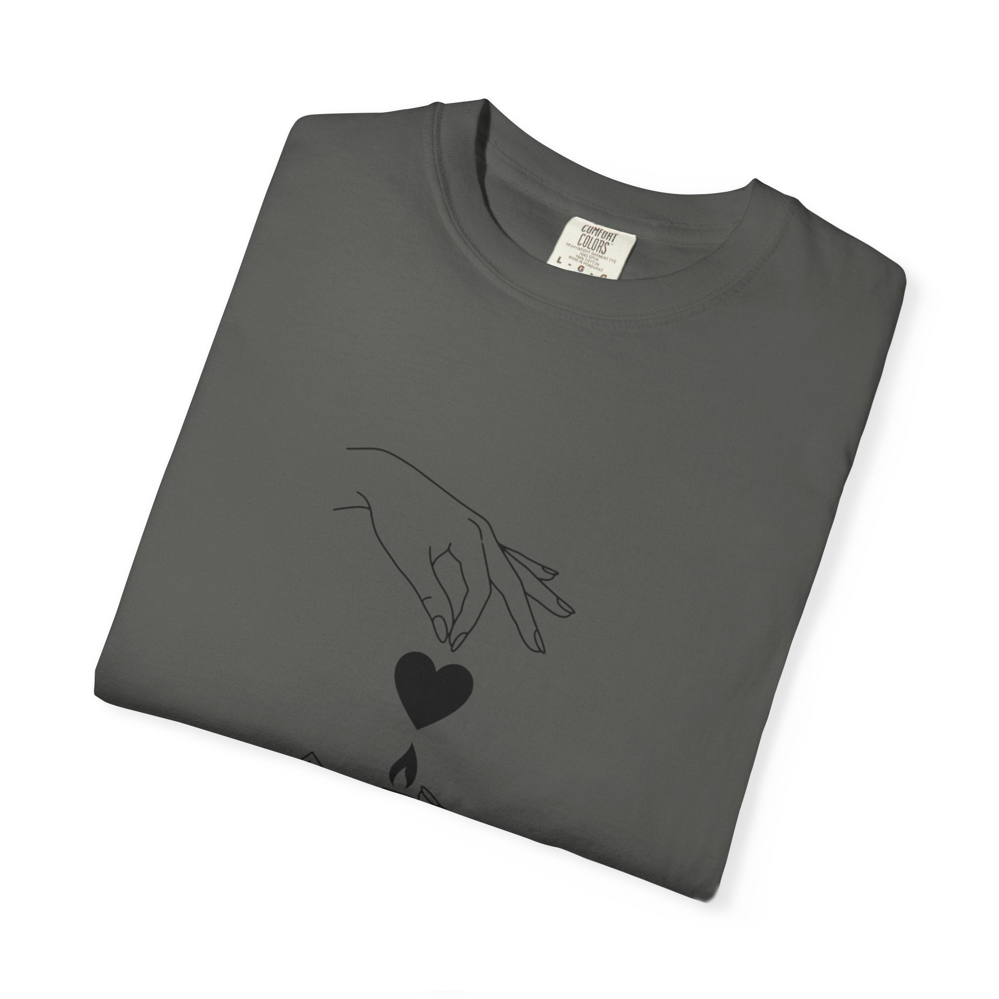 Heart Flame T-Shirt — Minimal Line Art Hands Lighting Heart Graphic
