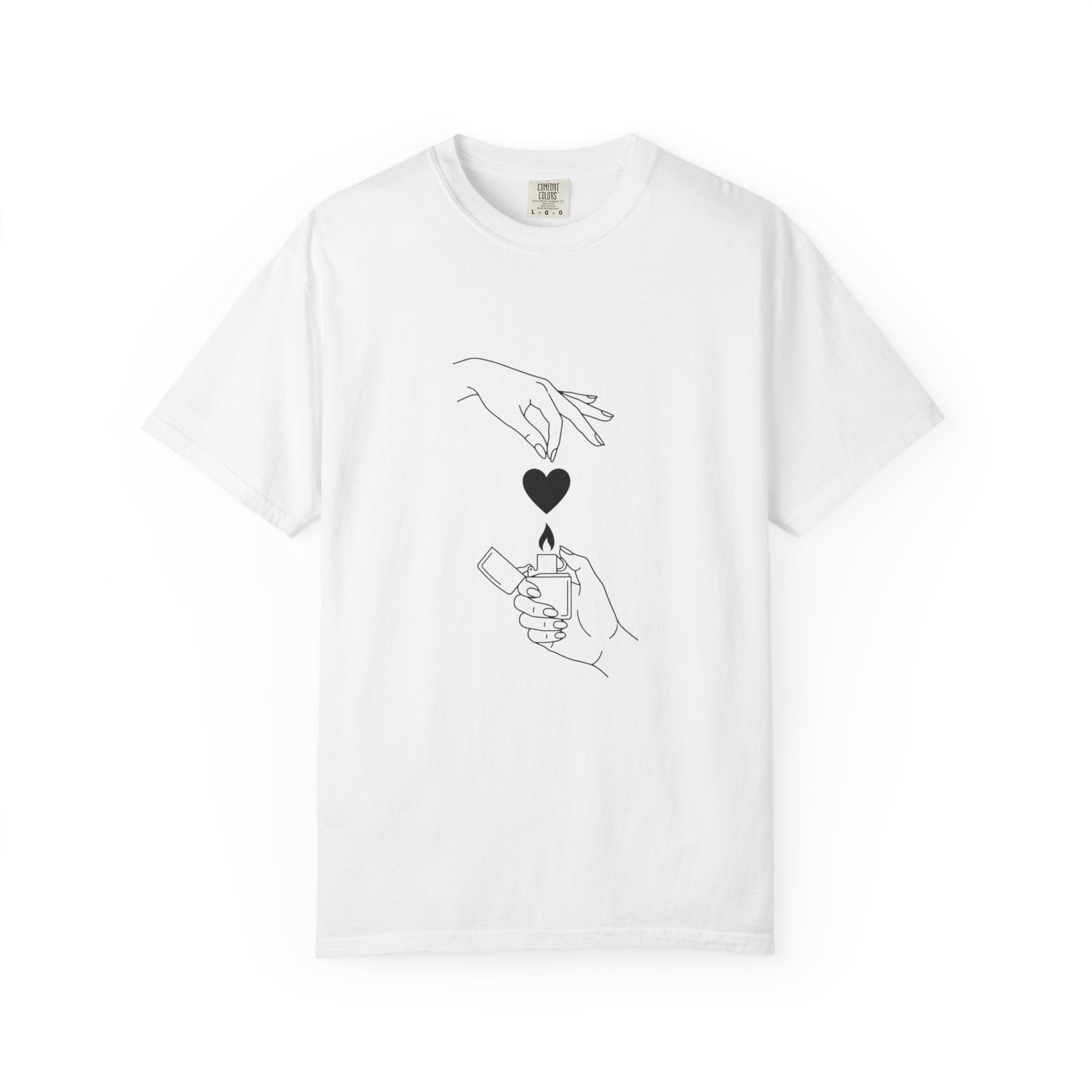 Heart Flame T-Shirt — Minimal Line Art Hands Lighting Heart Graphic