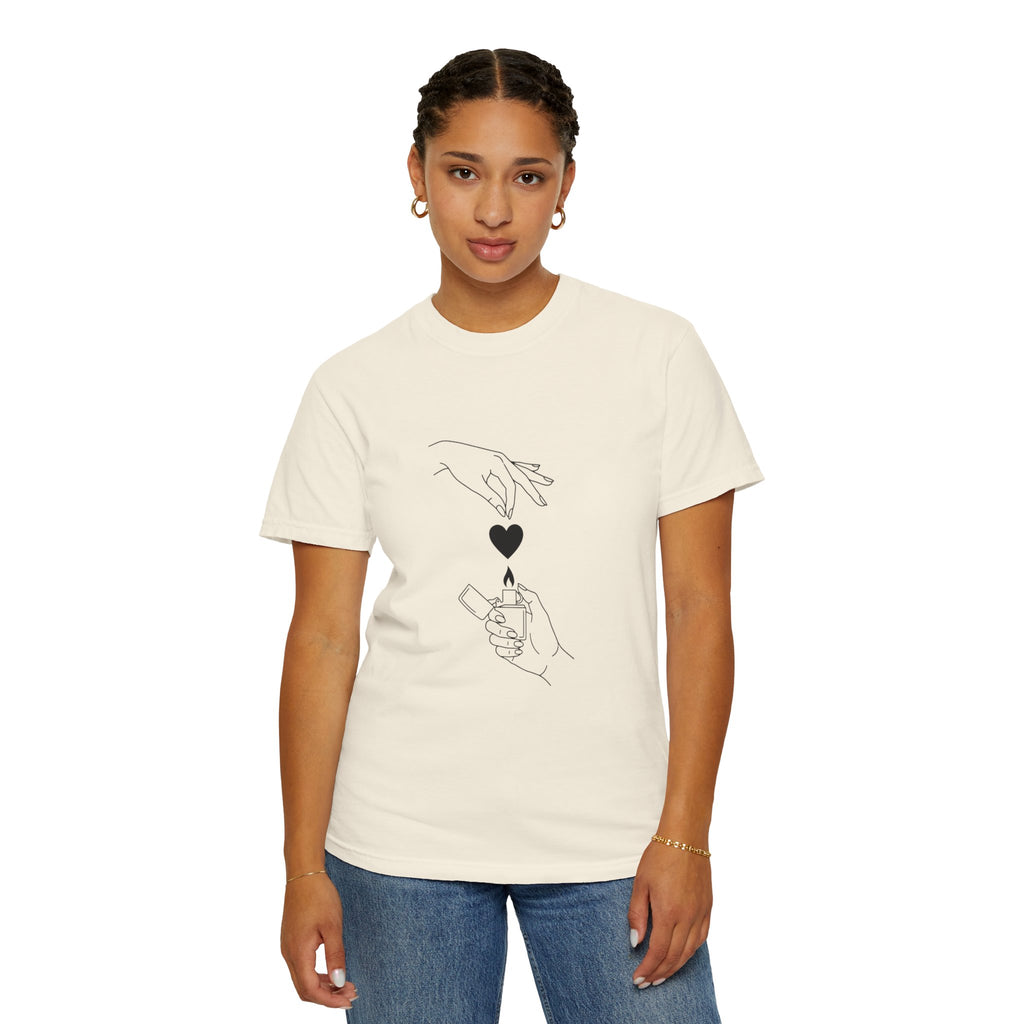 Heart Flame T-Shirt — Minimal Line Art Hands Lighting Heart Graphic