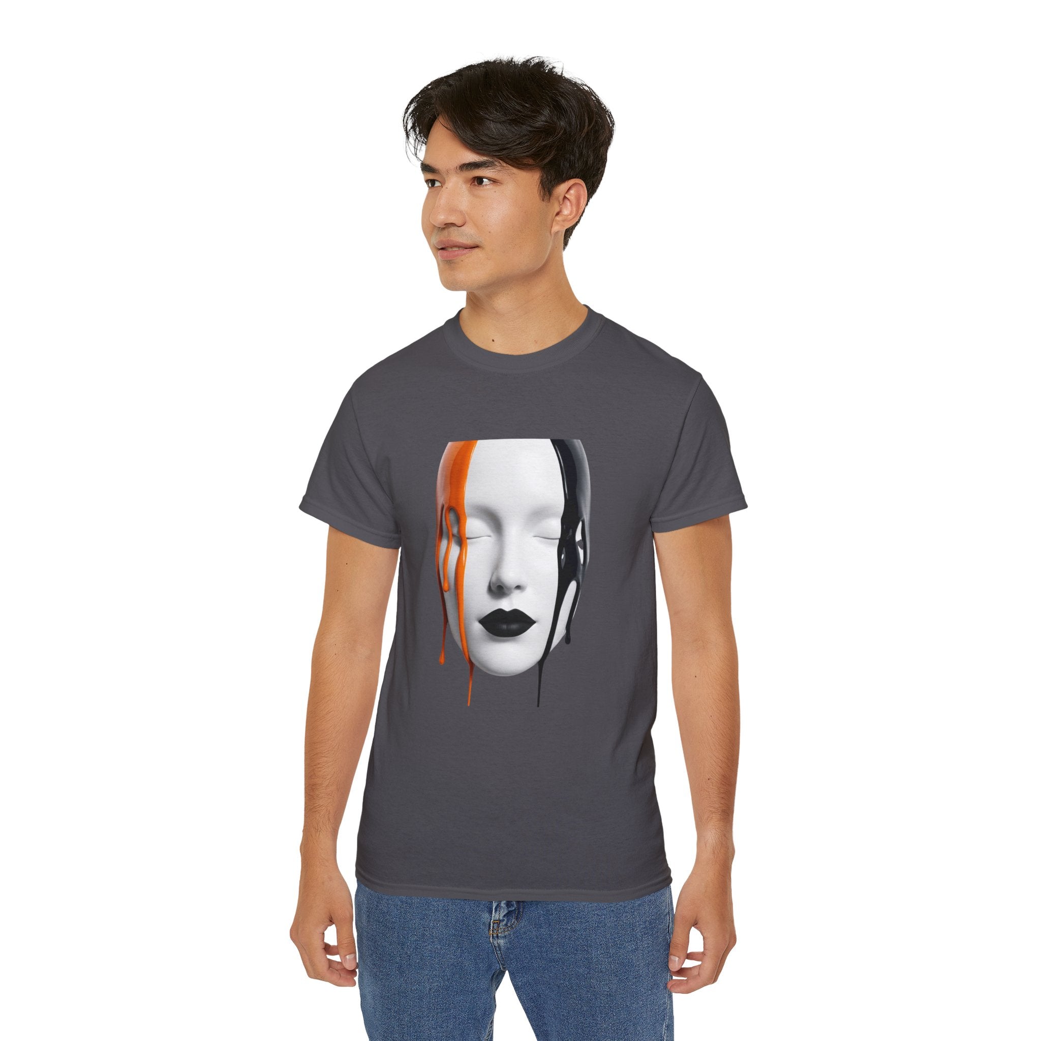 Mask Face Tee — Dripping Black & Orange Art T-Shirt