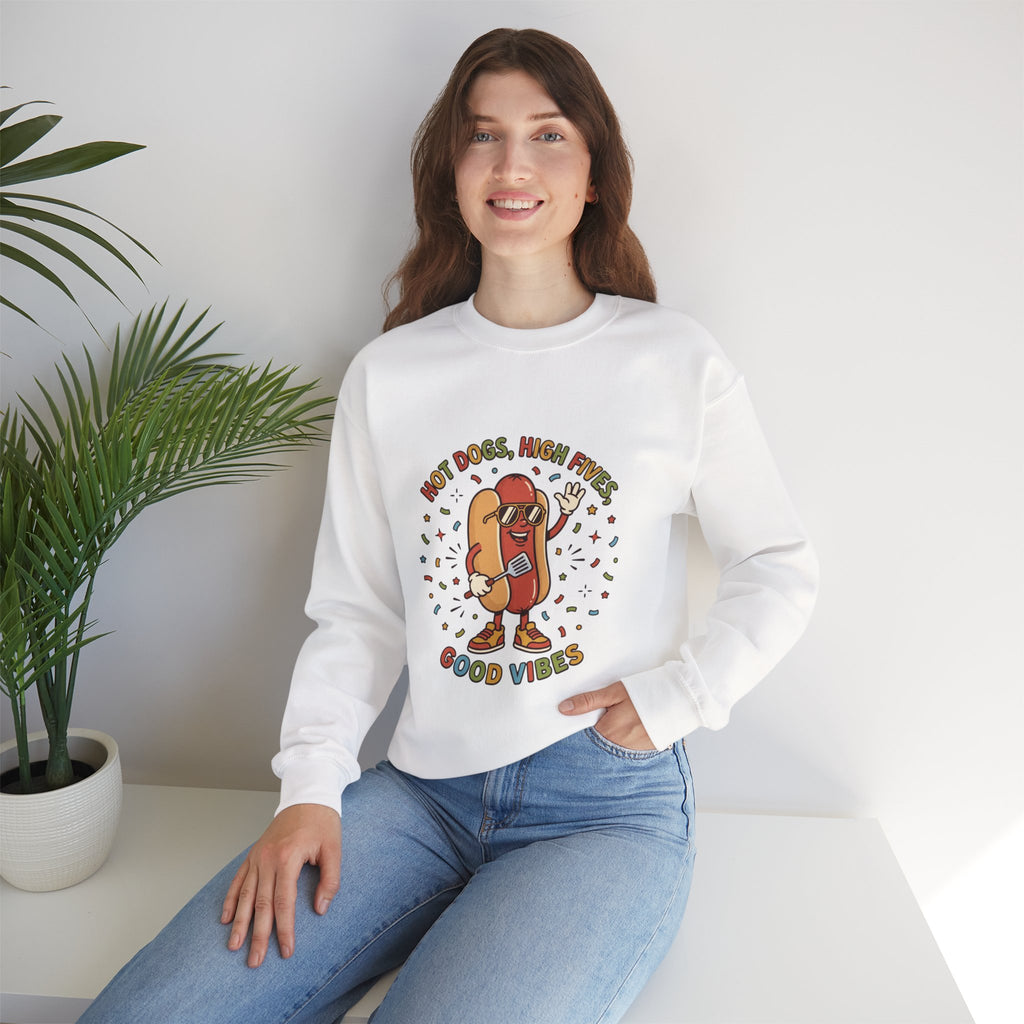 Hot Dog, High Five Crewneck Sweatshirt | BBQ Fourth of July, Retro Patriotic Hot Dog Jokes