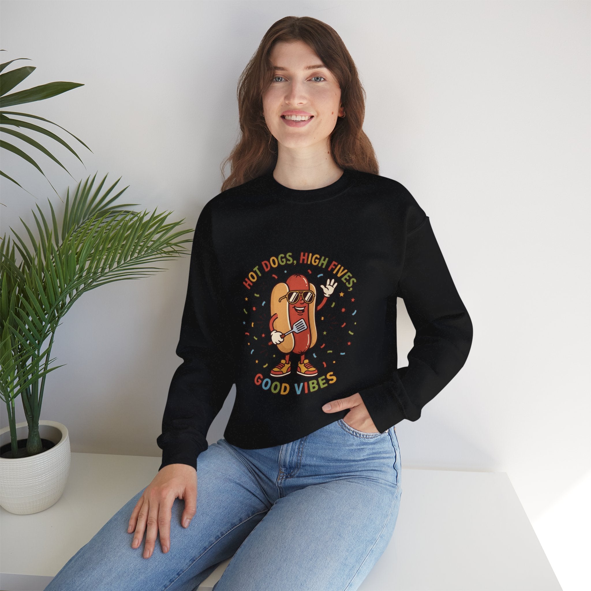 Hot Dog, High Five Crewneck Sweatshirt | BBQ Fourth of July, Retro Patriotic Hot Dog Jokes
