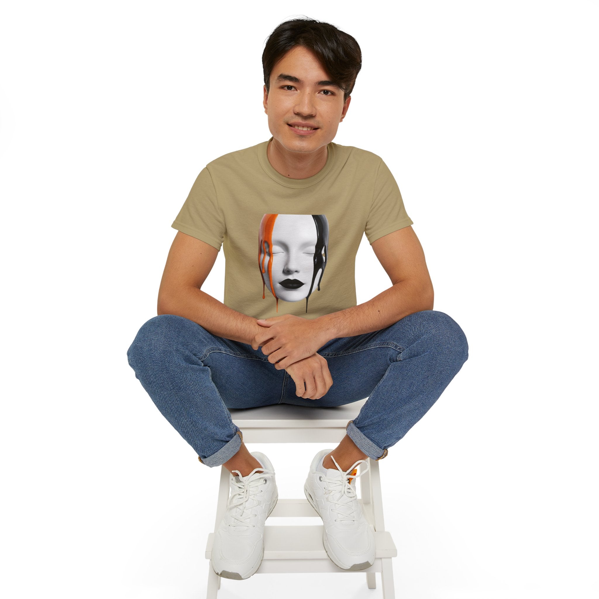 Mask Face Tee — Dripping Black & Orange Art T-Shirt