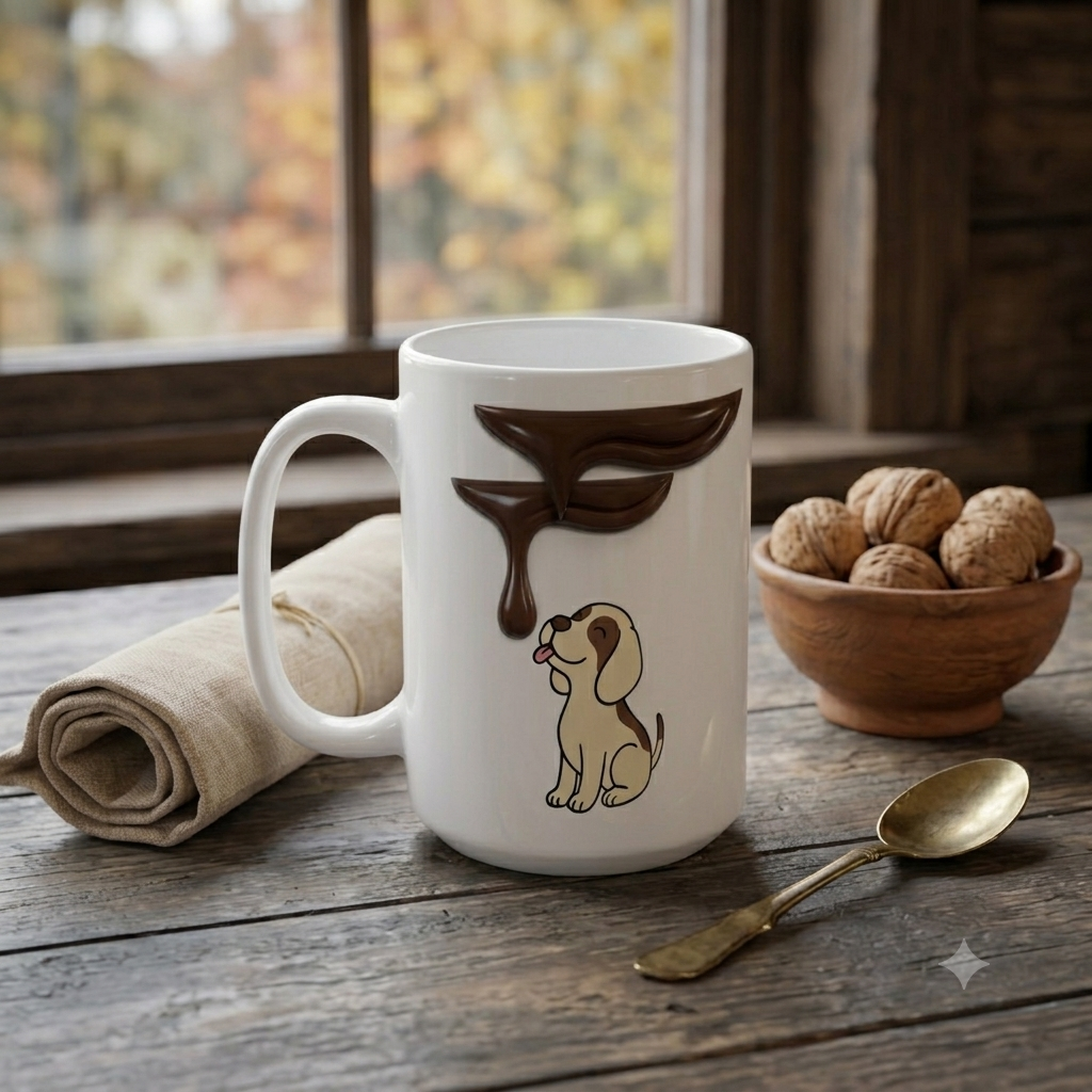 15oz Coffee Mug — Cute Puppy with Dripping Chocolate Design