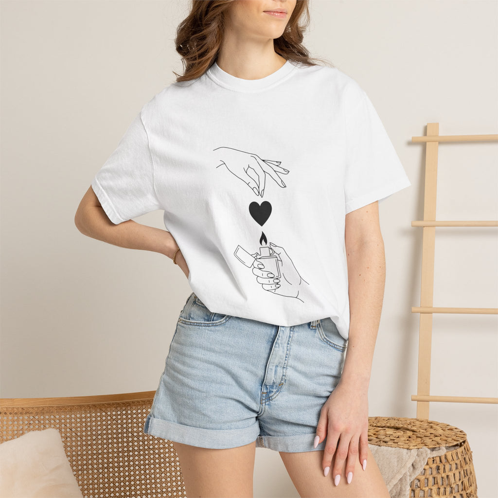Heart Flame T-Shirt — Minimal Line Art Hands Lighting Heart Graphic