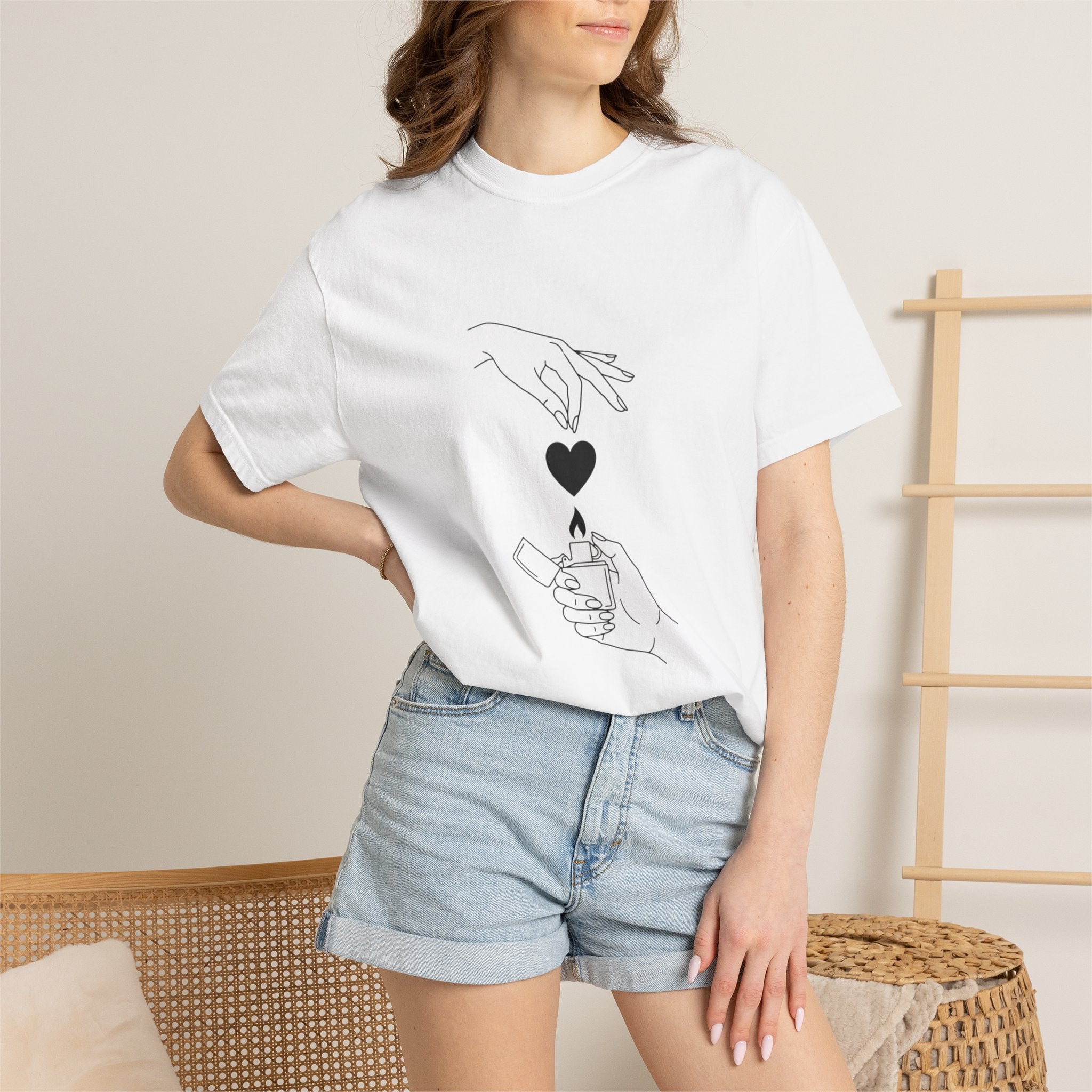 Heart Flame T-Shirt — Minimal Line Art Hands Lighting Heart Graphic