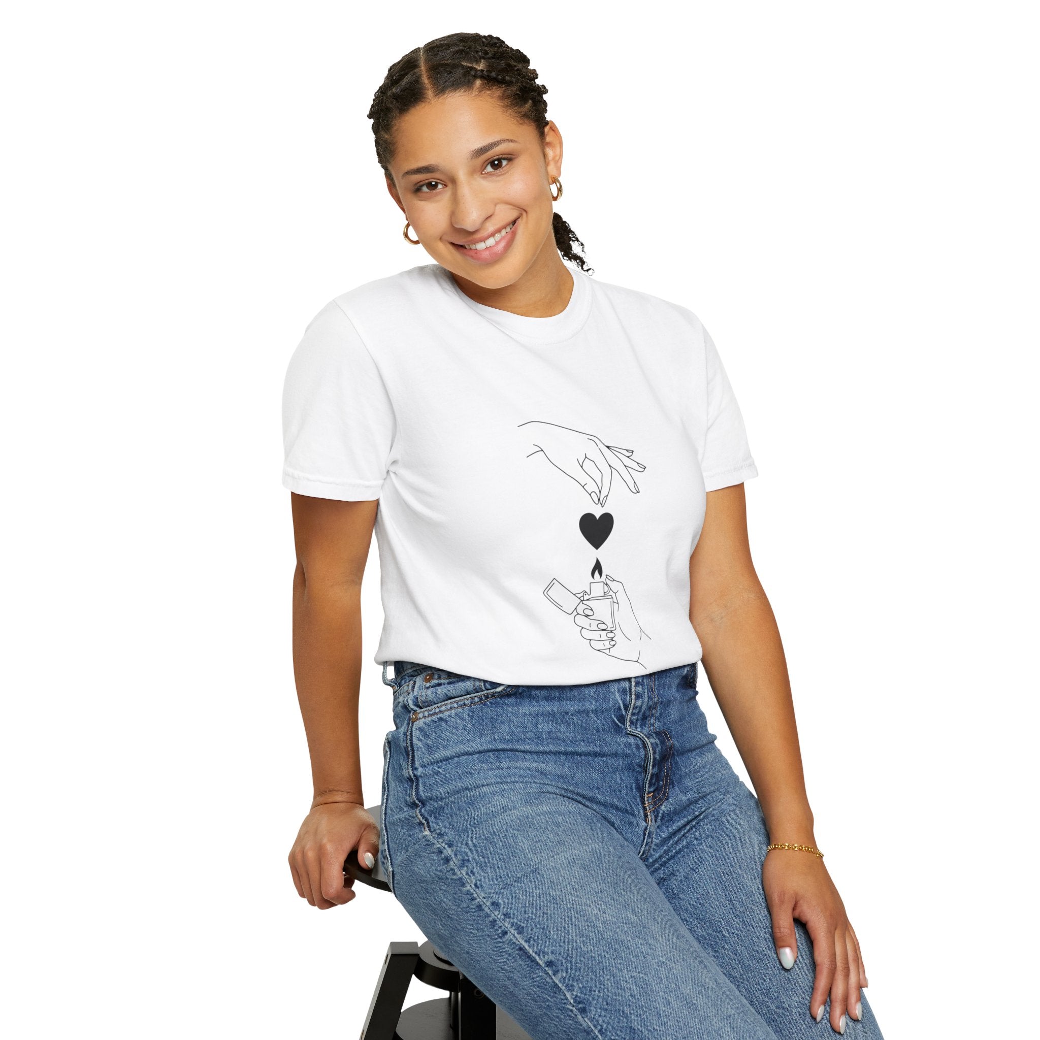 Heart Flame T-Shirt — Minimal Line Art Hands Lighting Heart Graphic