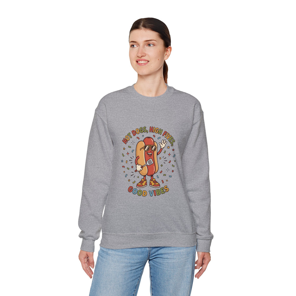 Hot Dog, High Five Crewneck Sweatshirt | BBQ Fourth of July, Retro Patriotic Hot Dog Jokes