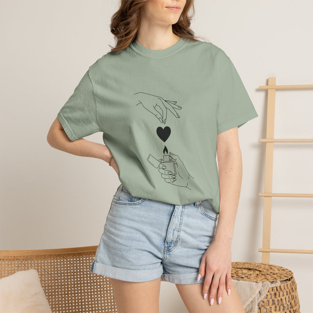 Heart Flame T-Shirt — Minimal Line Art Hands Lighting Heart Graphic