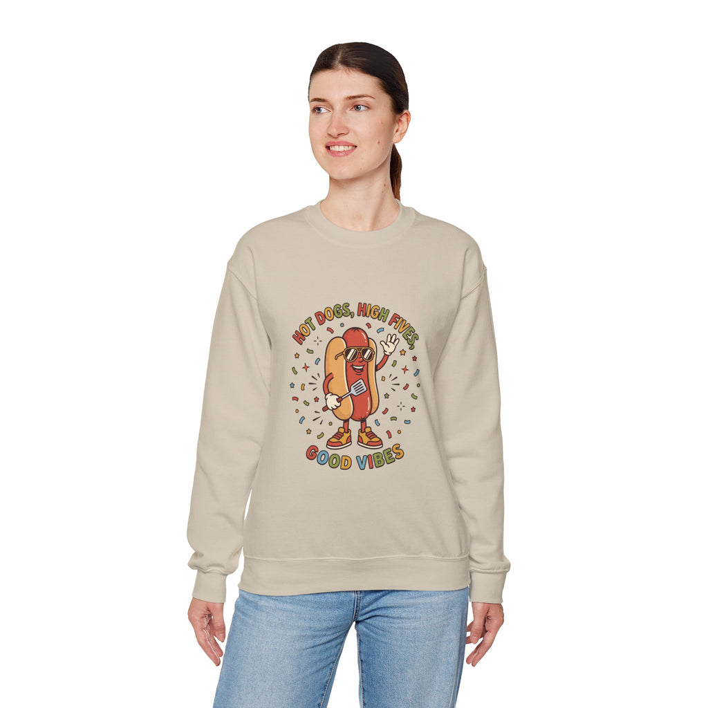Hot Dog, High Five Crewneck Sweatshirt | BBQ Fourth of July, Retro Patriotic Hot Dog Jokes