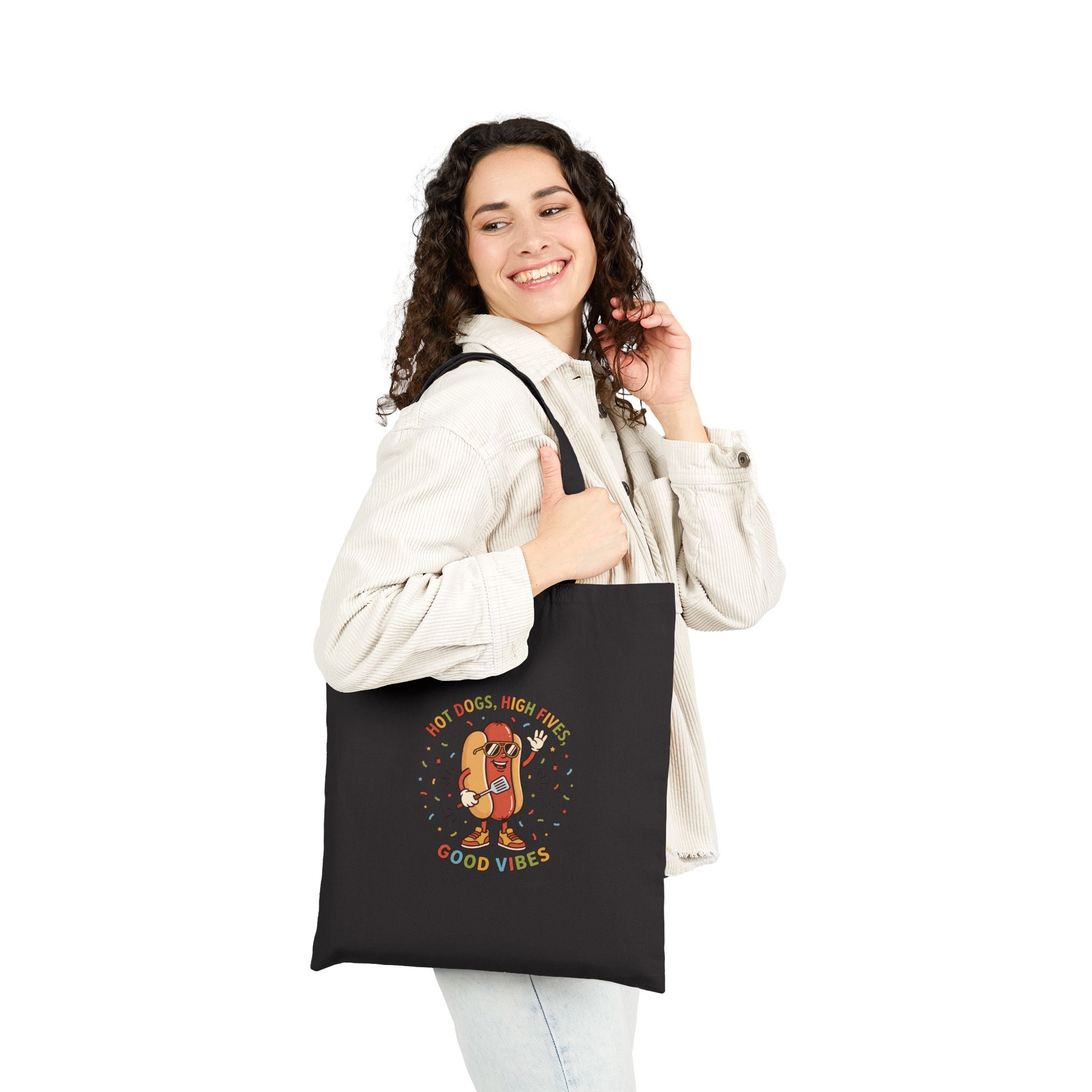Hot Dog Good Vibes Canvas Tote Bag, Retro BBQ Picnic