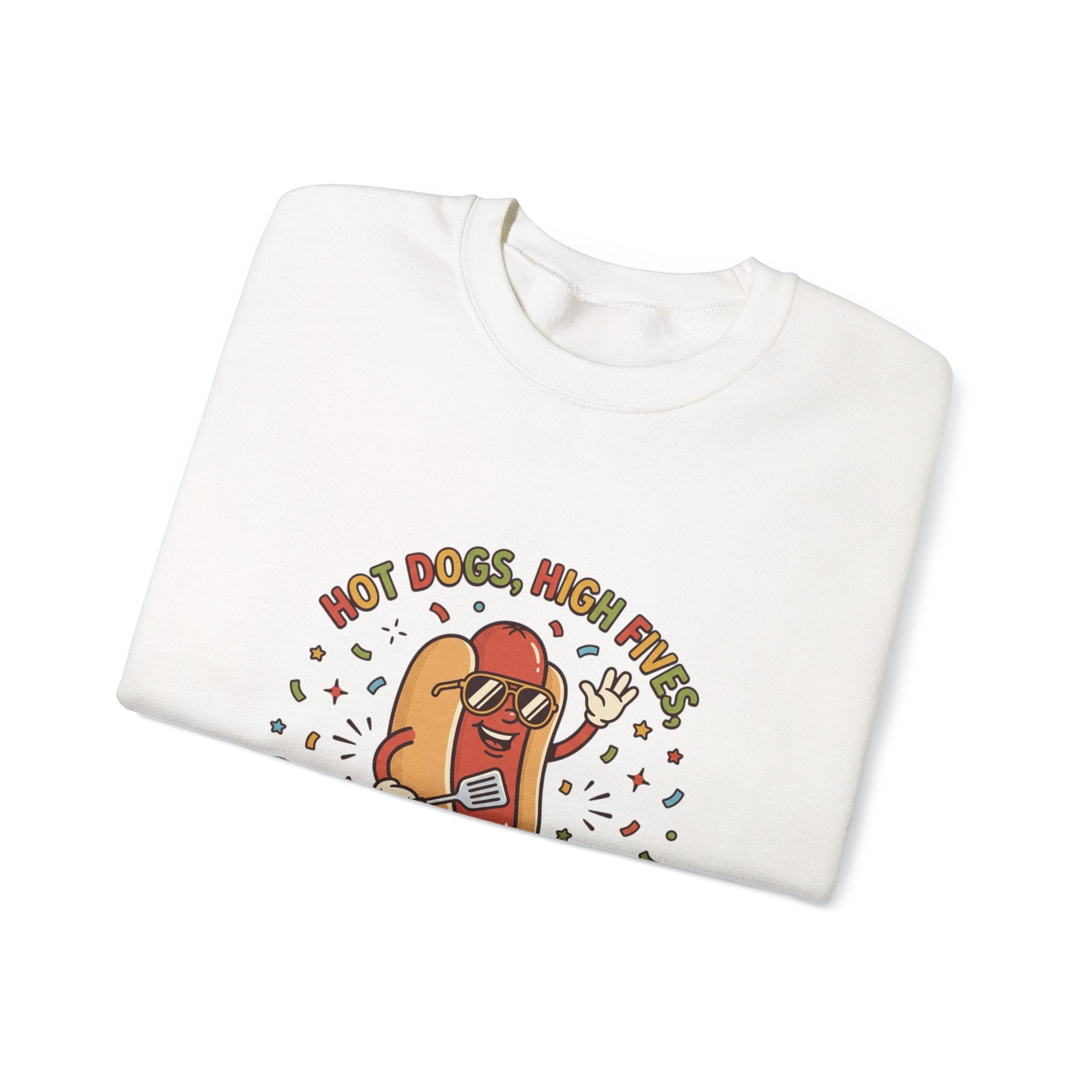Hot Dog, High Five Crewneck Sweatshirt | BBQ Fourth of July, Retro Patriotic Hot Dog Jokes