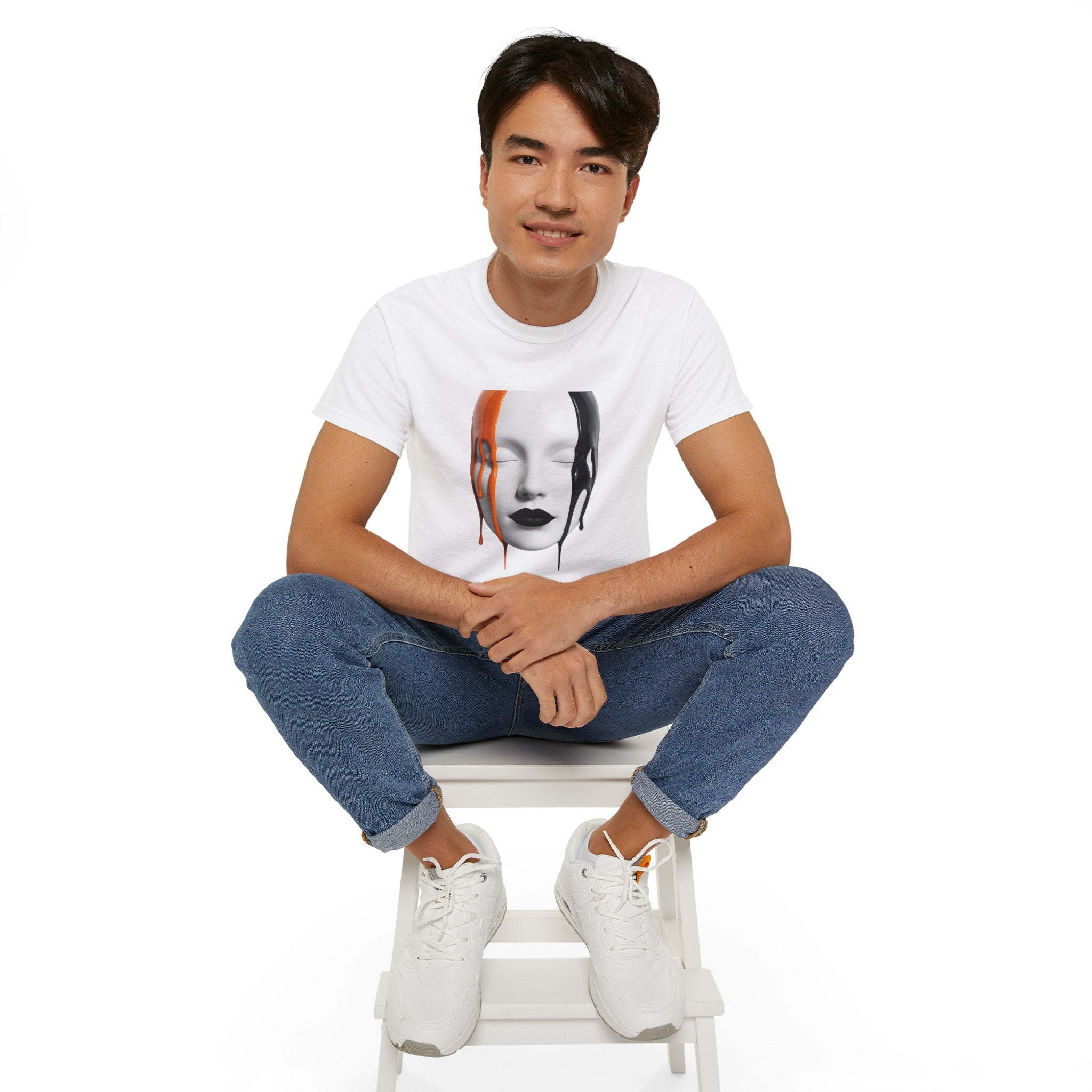Mask Face Tee — Dripping Black & Orange Art T-Shirt