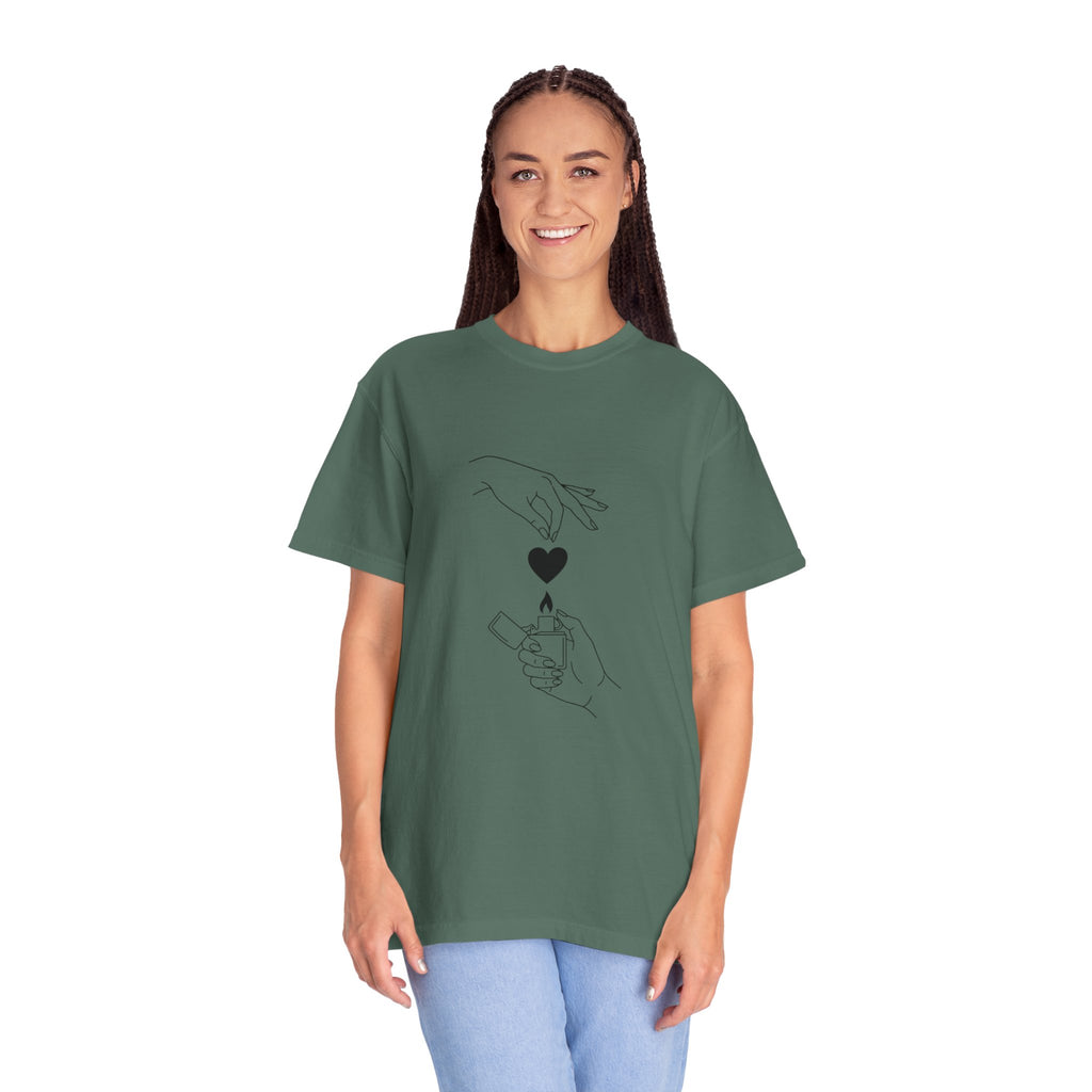 Heart Flame T-Shirt — Minimal Line Art Hands Lighting Heart Graphic