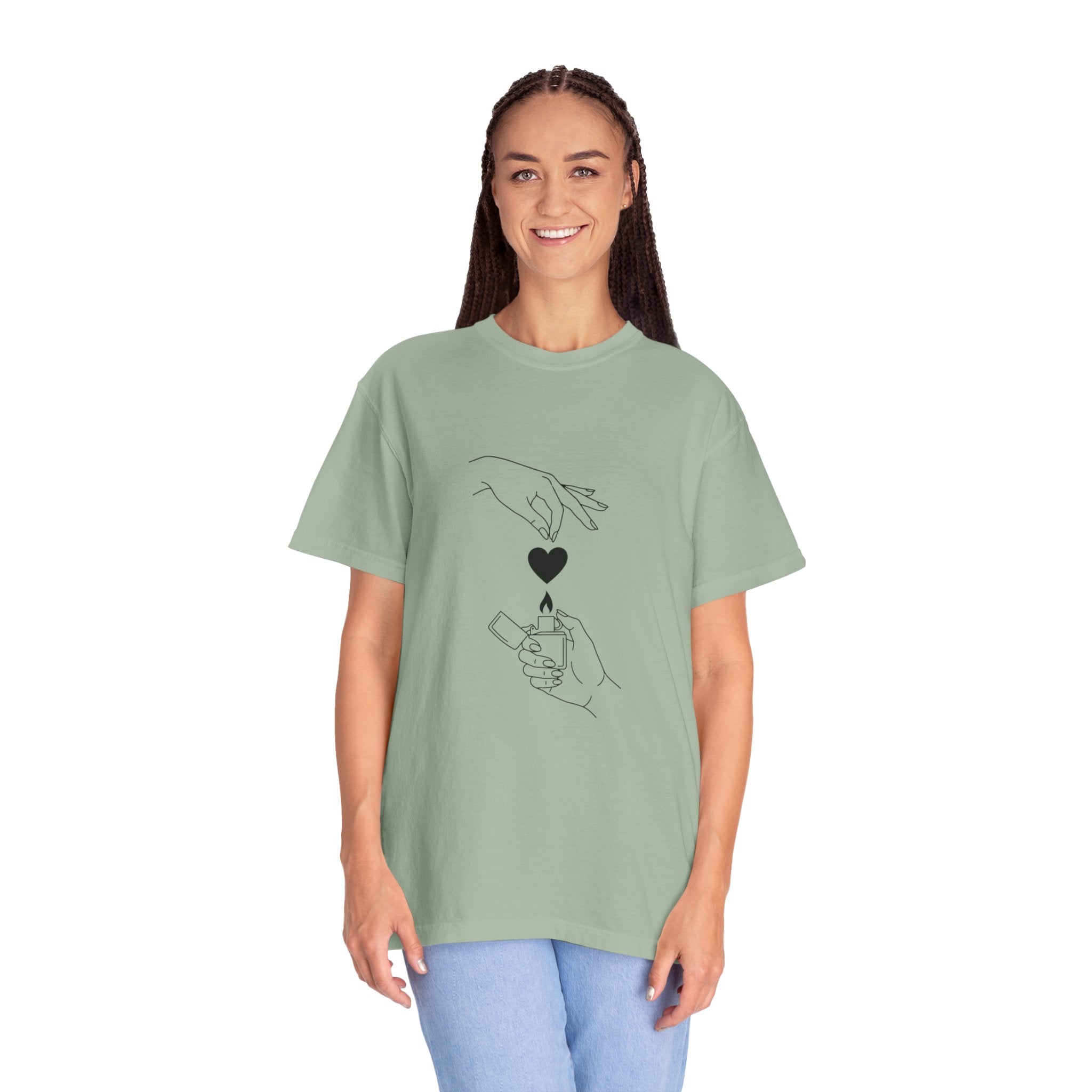 Heart Flame T-Shirt — Minimal Line Art Hands Lighting Heart Graphic
