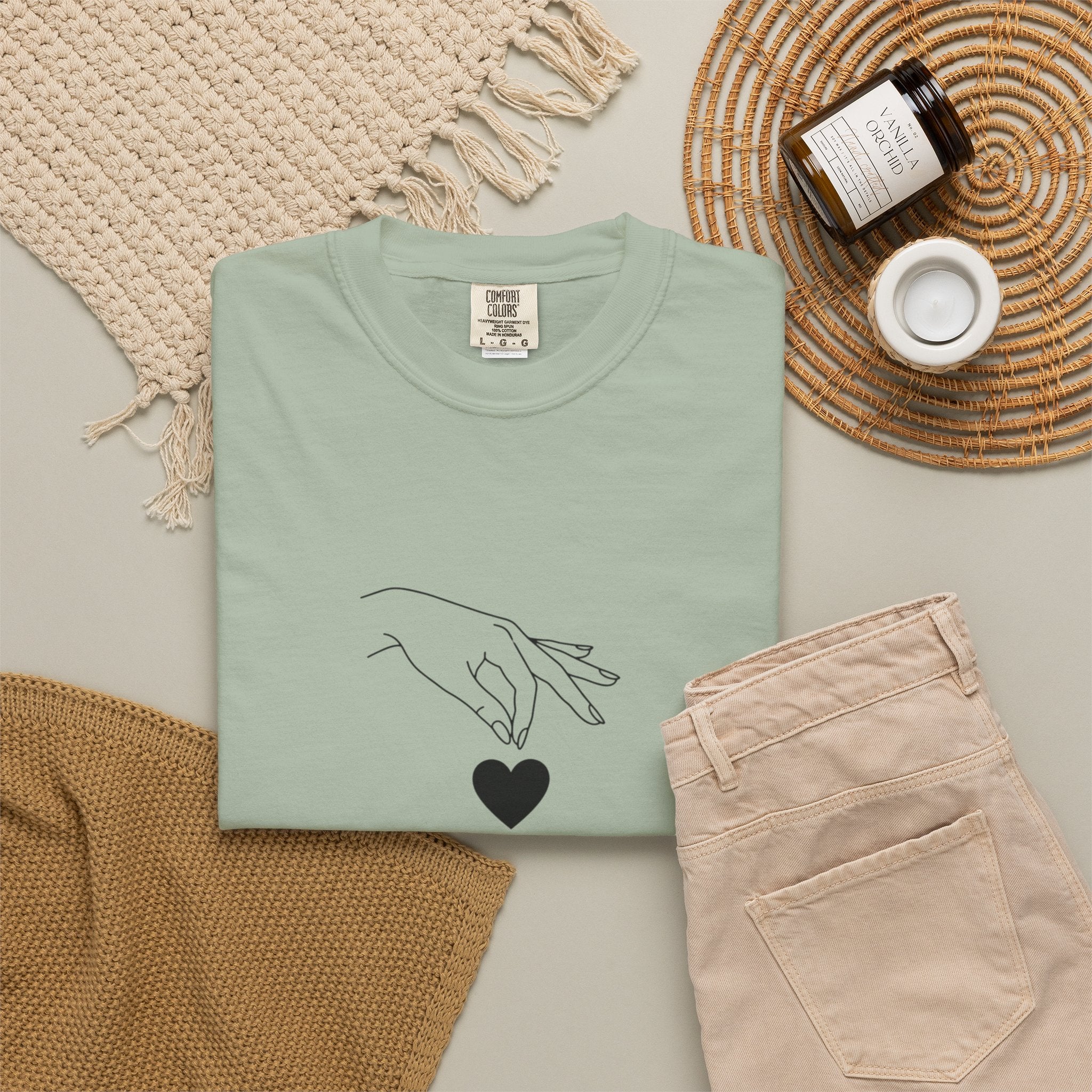 Heart Flame T-Shirt — Minimal Line Art Hands Lighting Heart Graphic