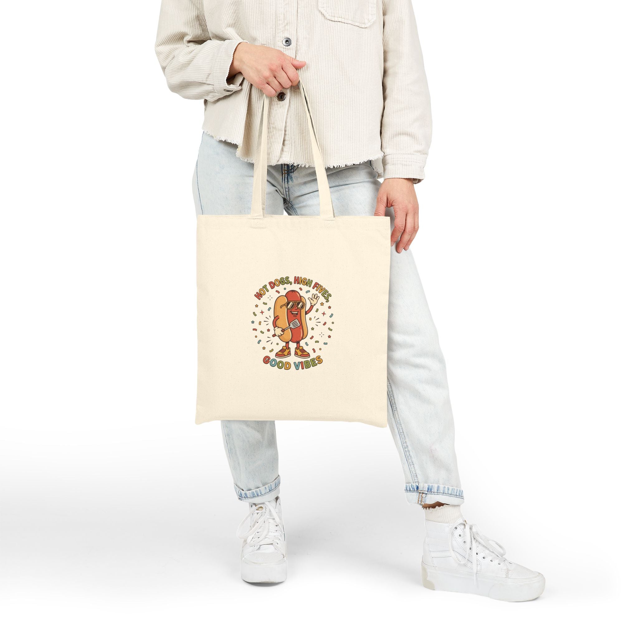 Hot Dog Good Vibes Canvas Tote Bag, Retro BBQ Picnic