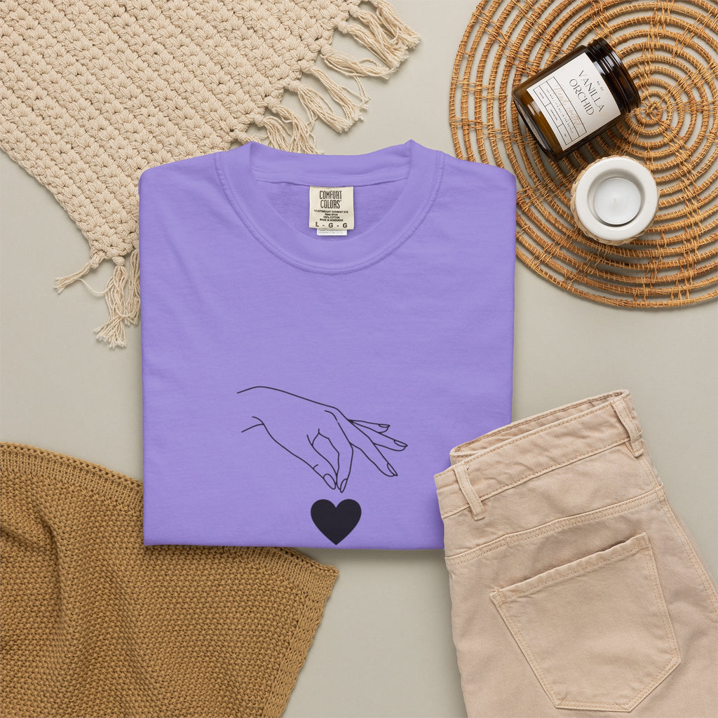 Heart Flame T-Shirt — Minimal Line Art Hands Lighting Heart Graphic