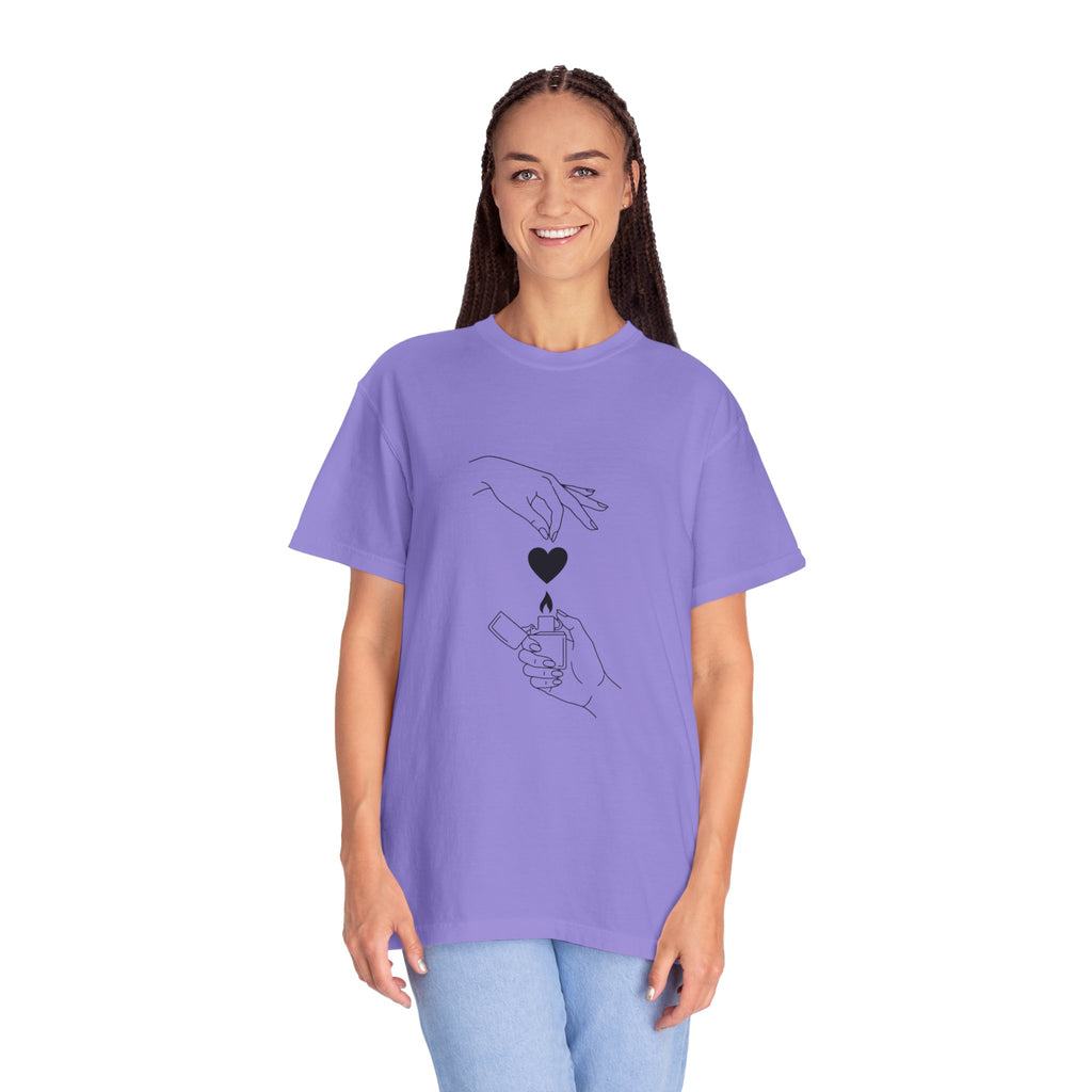 Heart Flame T-Shirt — Minimal Line Art Hands Lighting Heart Graphic