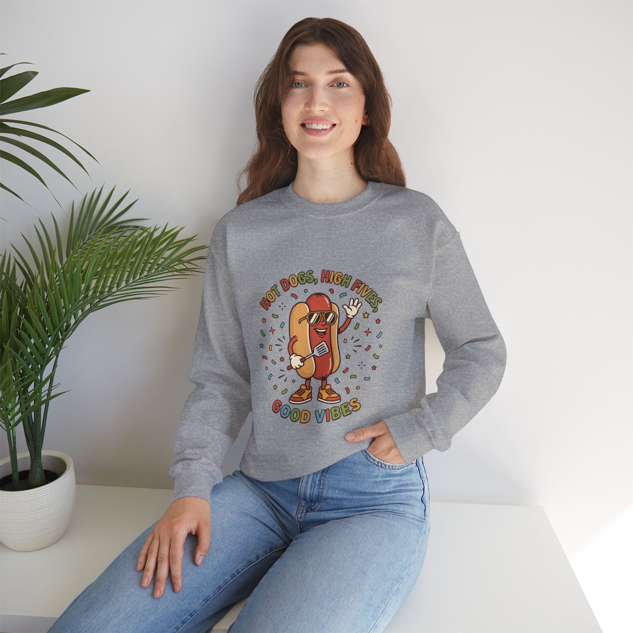Hot Dog, High Five Crewneck Sweatshirt | BBQ Fourth of July, Retro Patriotic Hot Dog Jokes