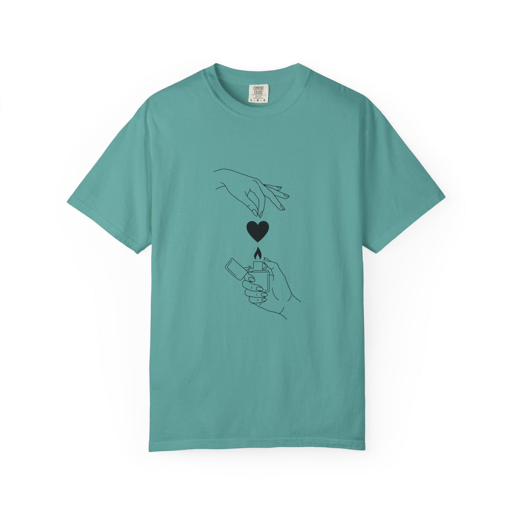 Heart Flame T-Shirt — Minimal Line Art Hands Lighting Heart Graphic