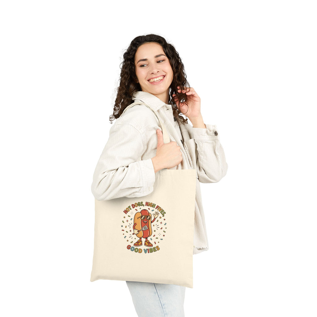 Hot Dog Good Vibes Canvas Tote Bag, Retro BBQ Picnic
