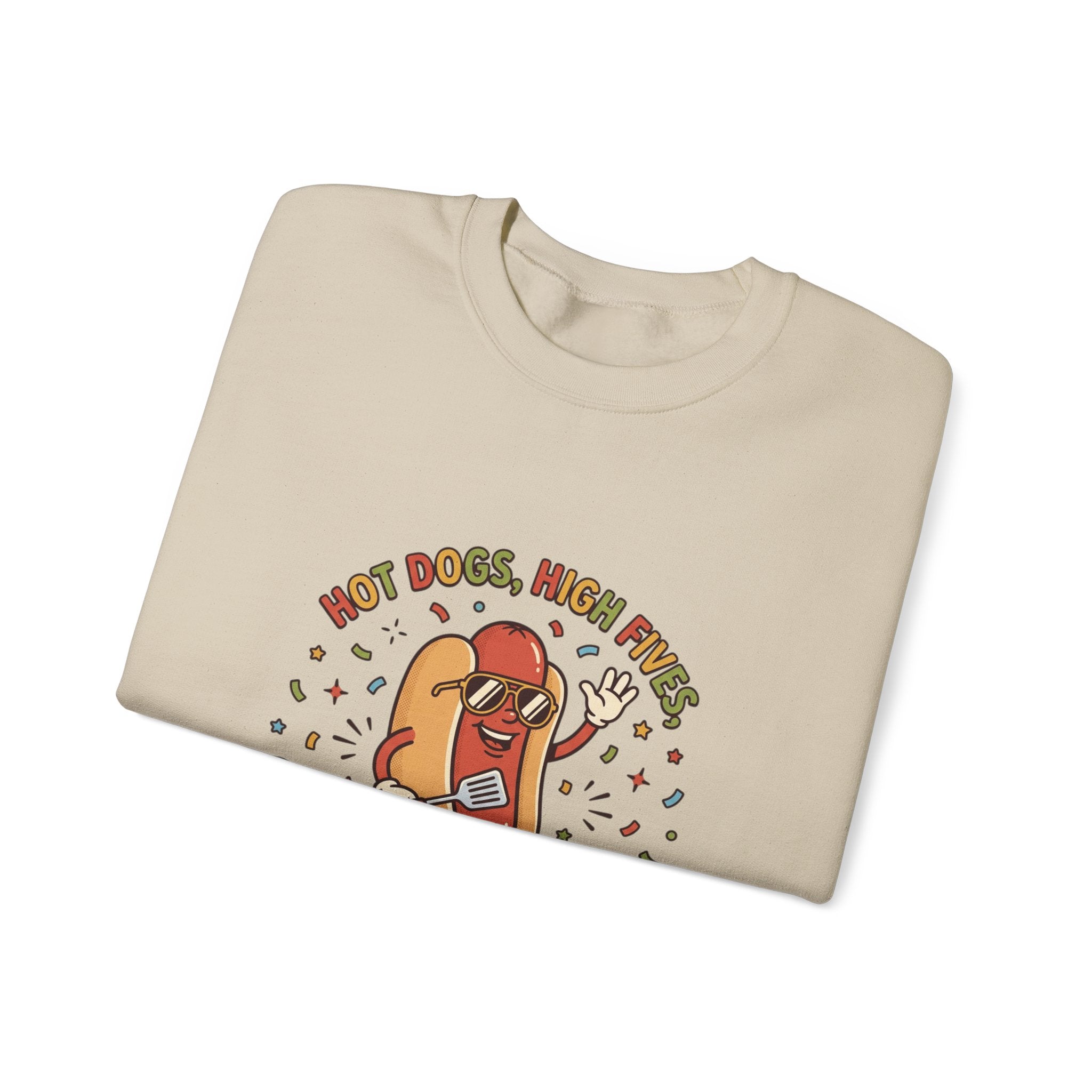 Hot Dog, High Five Crewneck Sweatshirt | BBQ Fourth of July, Retro Patriotic Hot Dog Jokes