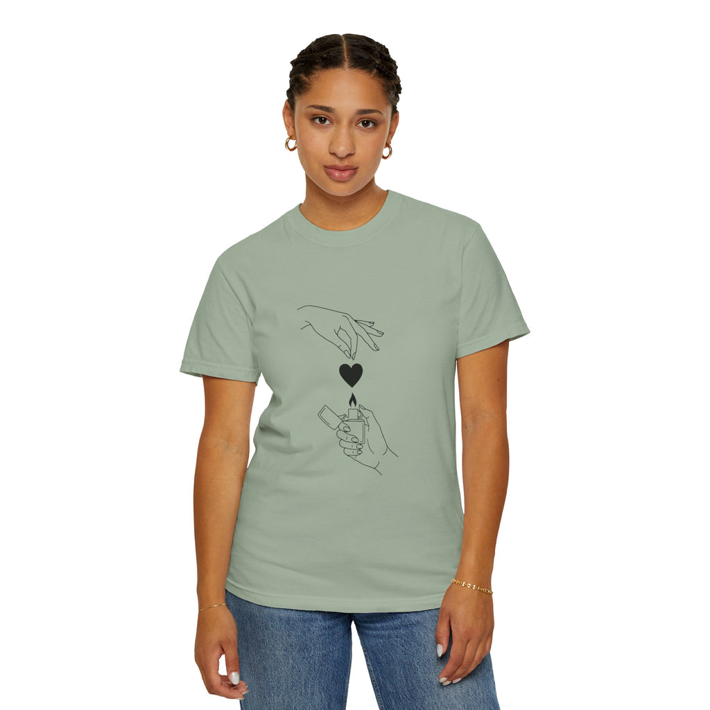 Heart Flame T-Shirt — Minimal Line Art Hands Lighting Heart Graphic