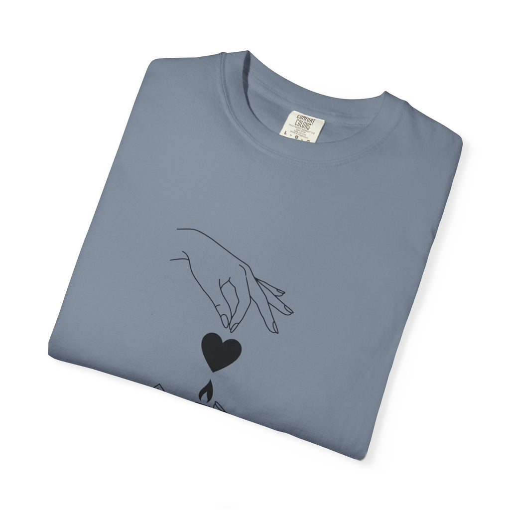Heart Flame T-Shirt — Minimal Line Art Hands Lighting Heart Graphic
