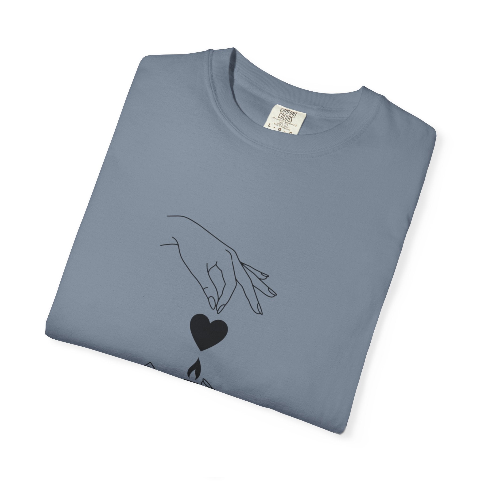 Heart Flame T-Shirt — Minimal Line Art Hands Lighting Heart Graphic