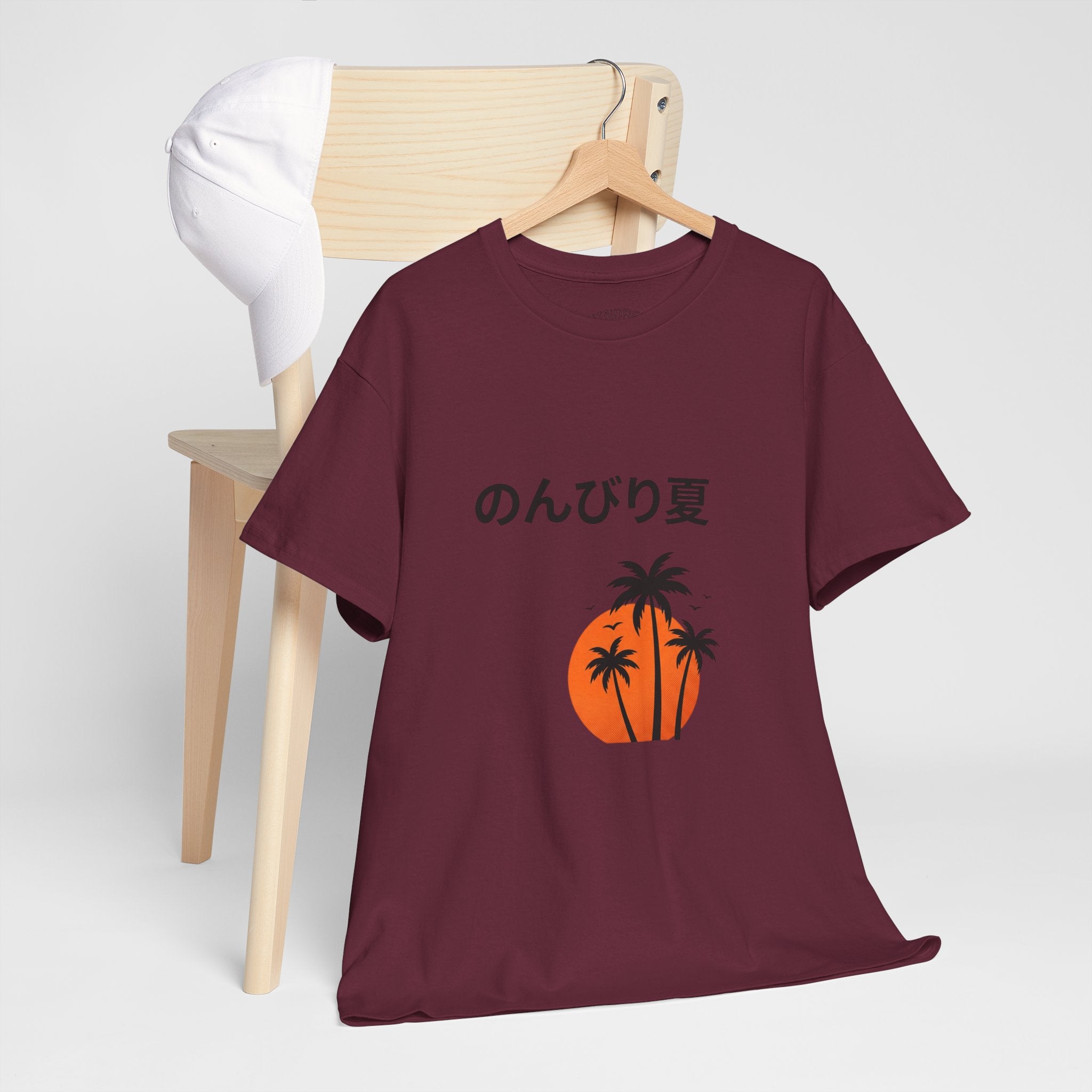 Japanese 'のんびり夏' Palm Sunset Tee — Relaxed Summer Vibe T-Shirt
